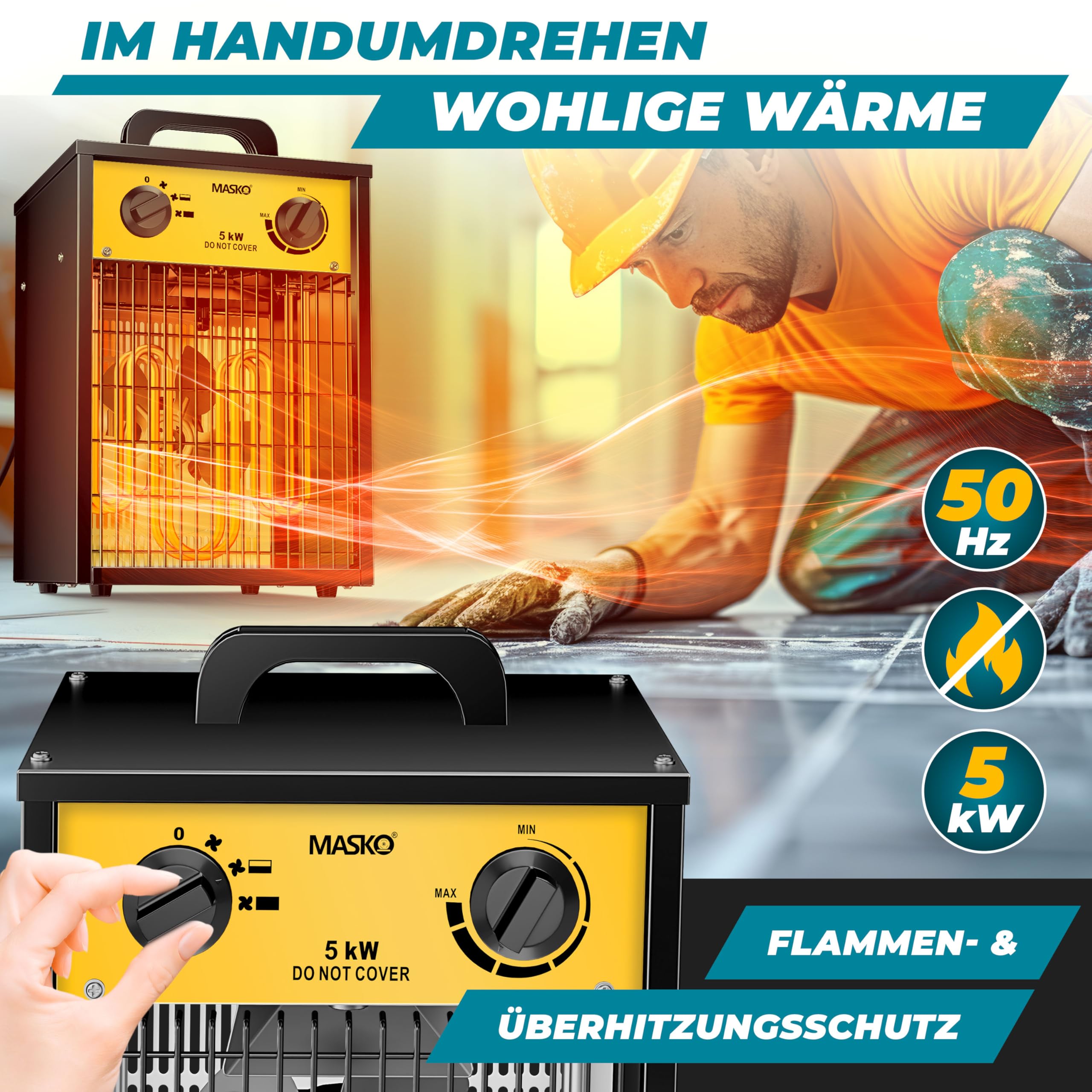 MASKO® Calentador eléctrico calentador de construcción con termostato integrado, calentador eléctrico con 3 etapas de calentamiento, calentador de ventilador para uso interior, amarillo, 5 KW