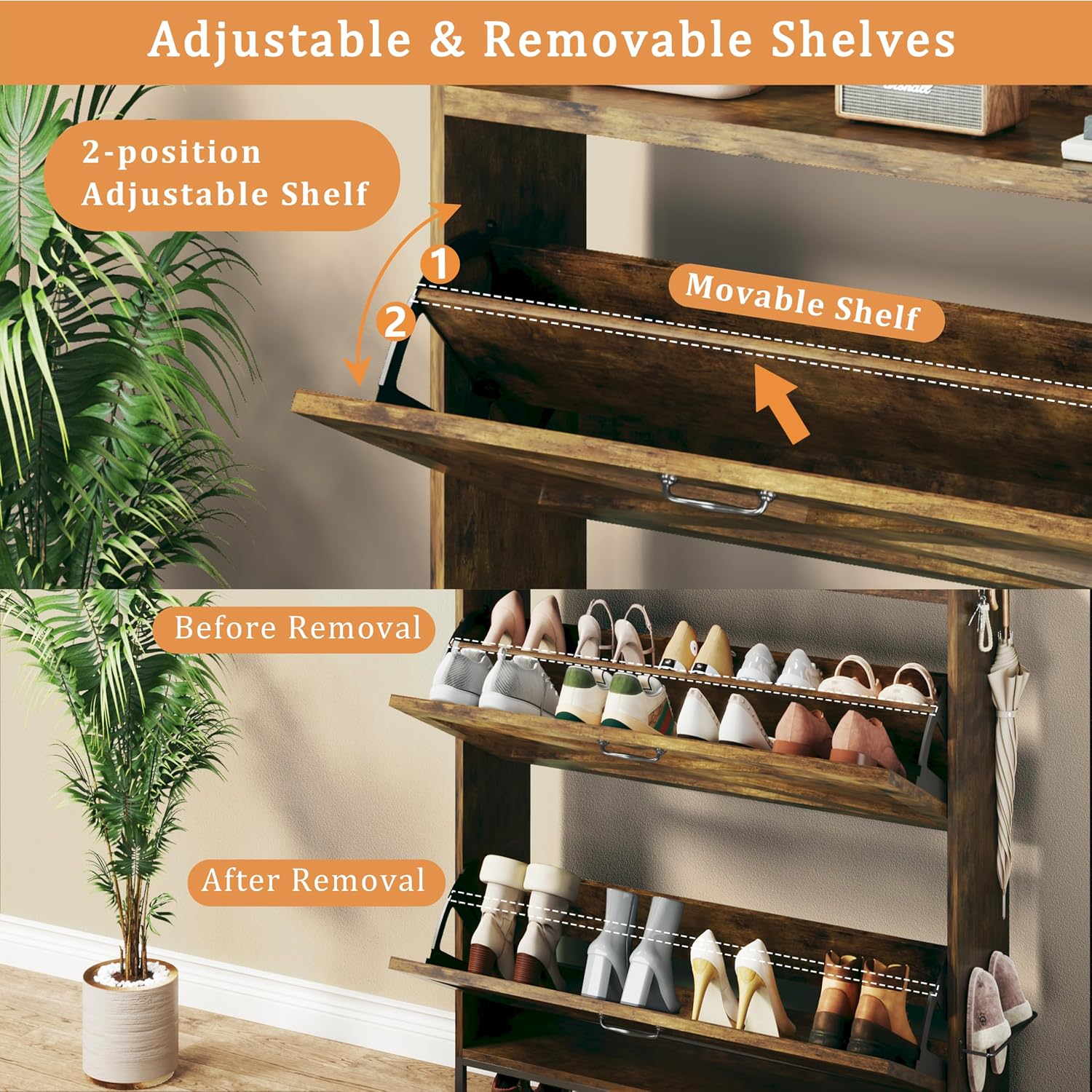 Shoe Cabinet with 2 Flip Drawers - Adjustable Shelves, Freestanding Organizer with Metal Legs for Entryway, Narrow Shoe Cabinet, Rustic Brown