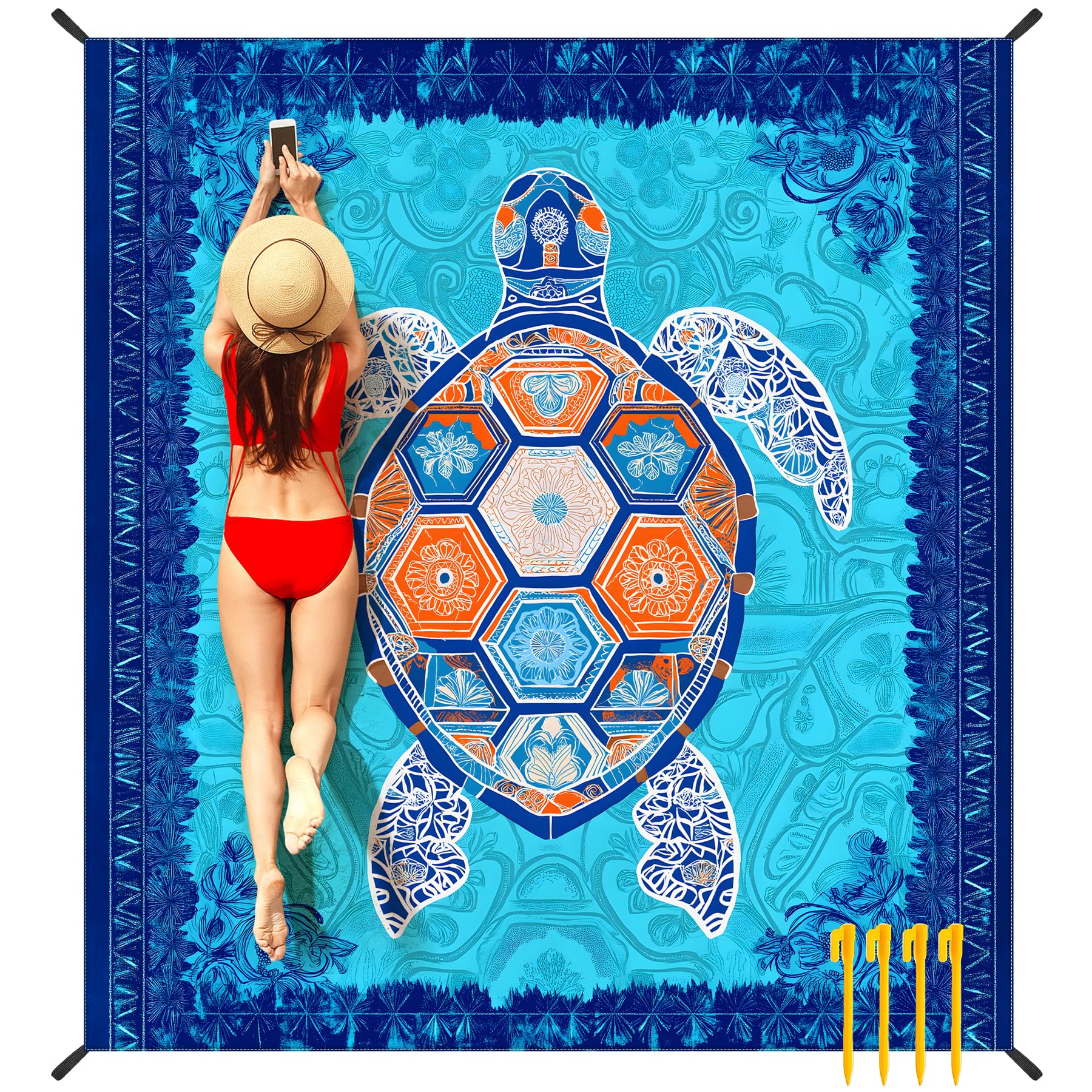 NYZE Beach Blanket Waterproof Sandproof Extra Large Picnic Beach Mat for 1-8 Adults Durable Outdoor Mat with Stakes for Beach Travel Camping Hiking 78X86in