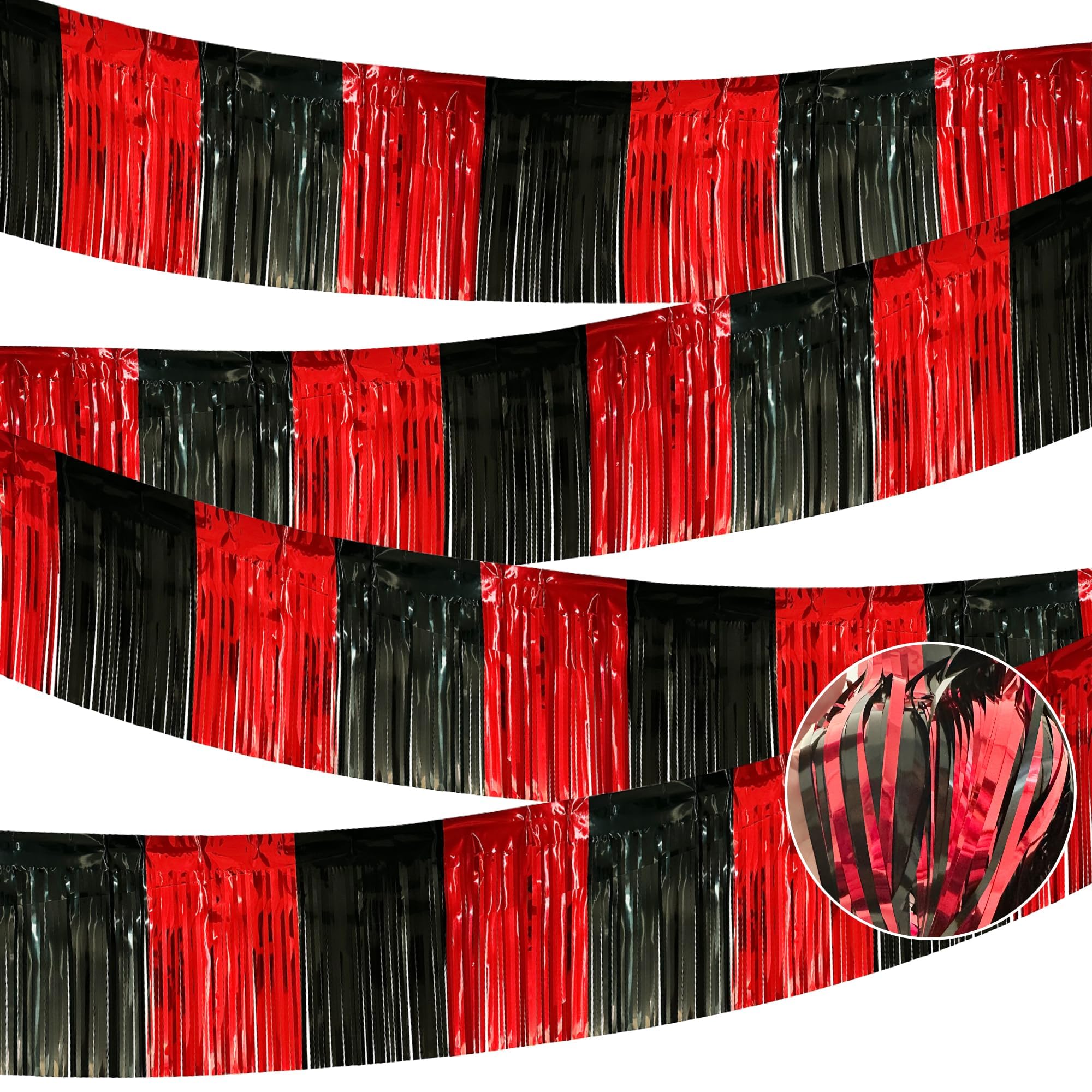 4 Pack 10 Feet Black Red Parade Floats Foil Fringe Garland Metallic Tinsel Streamers Banner Fringe Curtain Banner for Halloween Graduation Homecoming