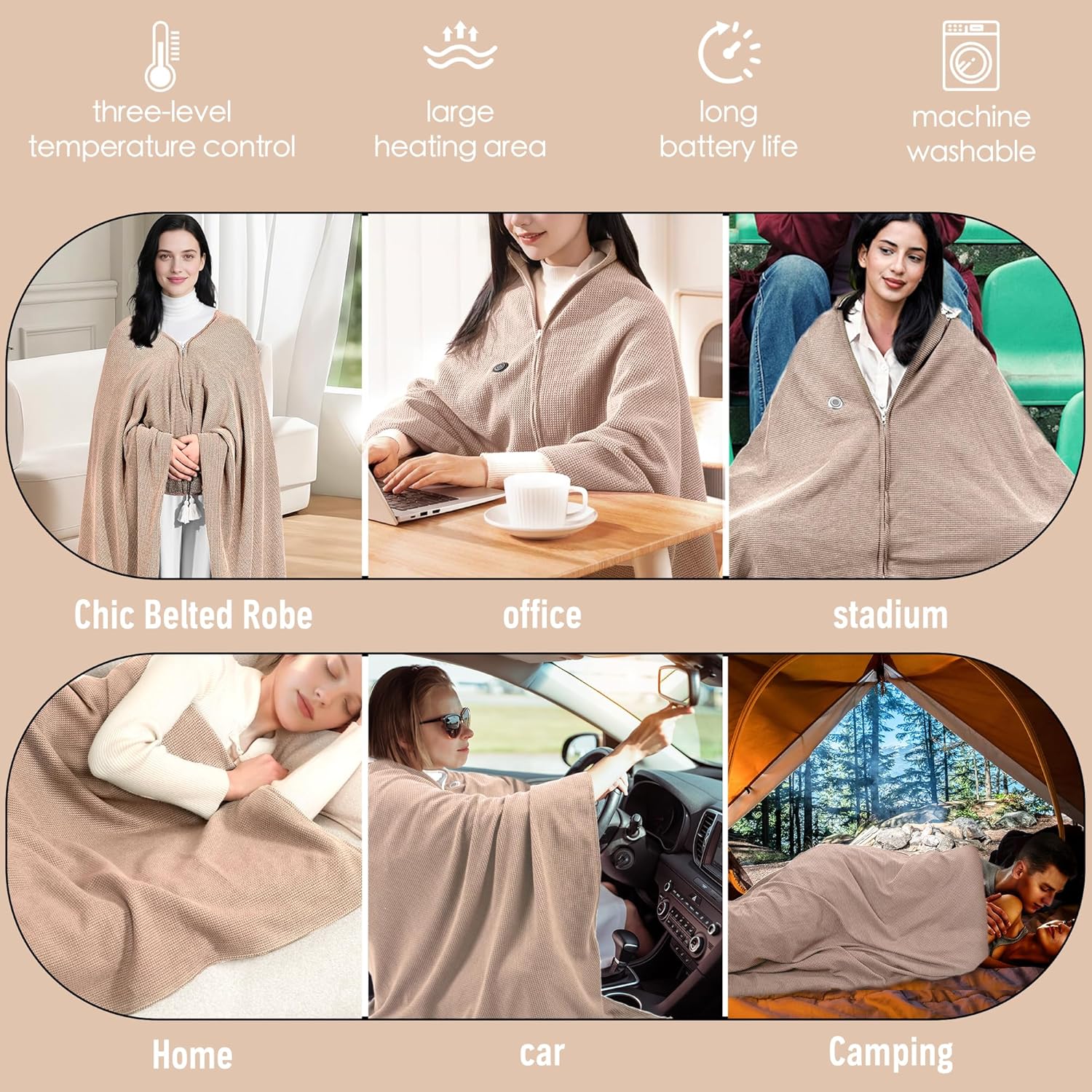 Wearable Heated Blanket Shawl 71" × 43", Includes 1× 20000mAh 22.2W Power Bank, 11 Heating Zones, 3 Heat Levels & 1–6H Timer, - Image 8