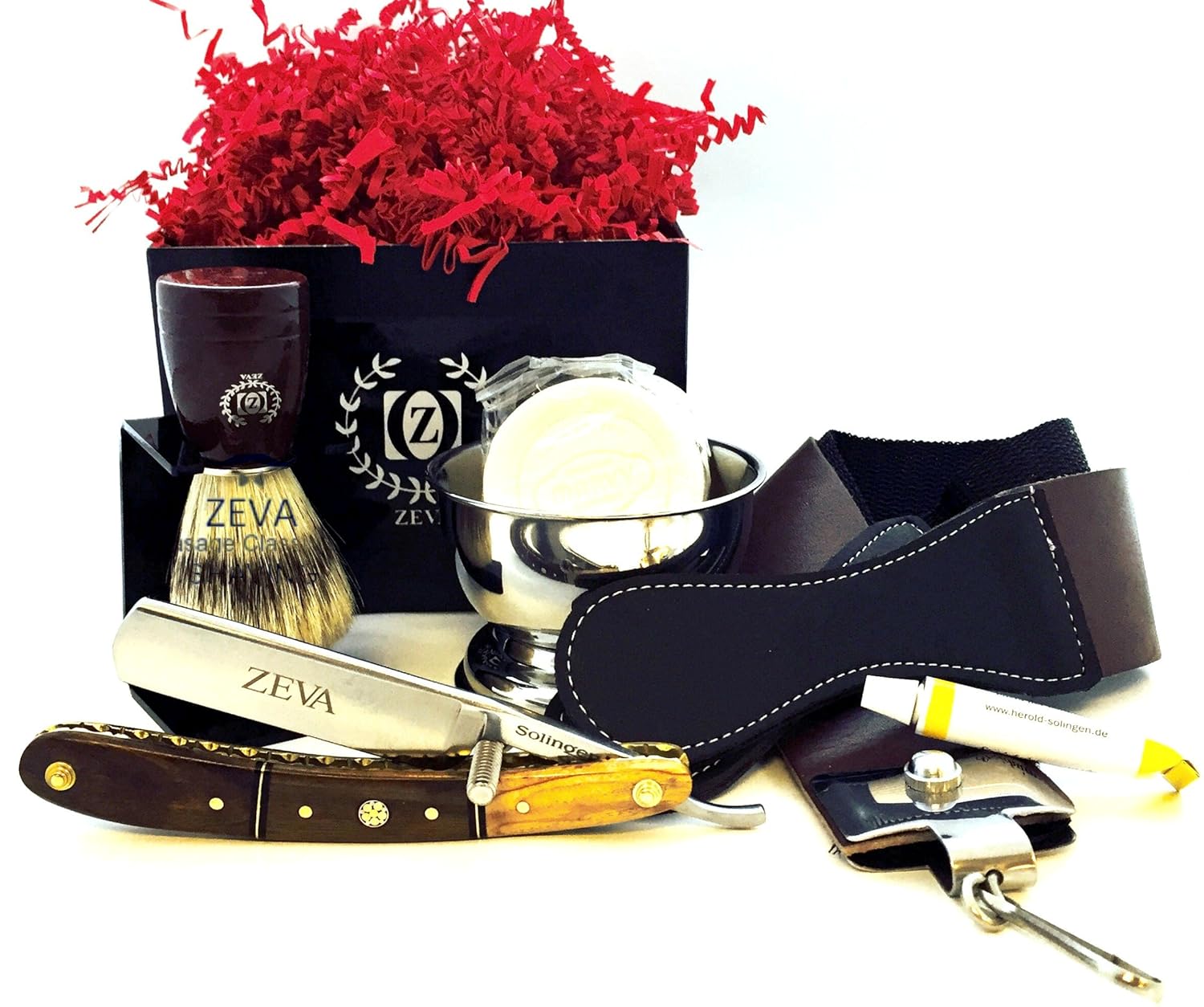 ZEVA Men's Best Wooden Straight Razor Shaving Set Kit in Gift Box, Wet Shave Razor, Mission Style Razor Holder, Pure Bristle Shaving Brush, Wooden Shaving Mug