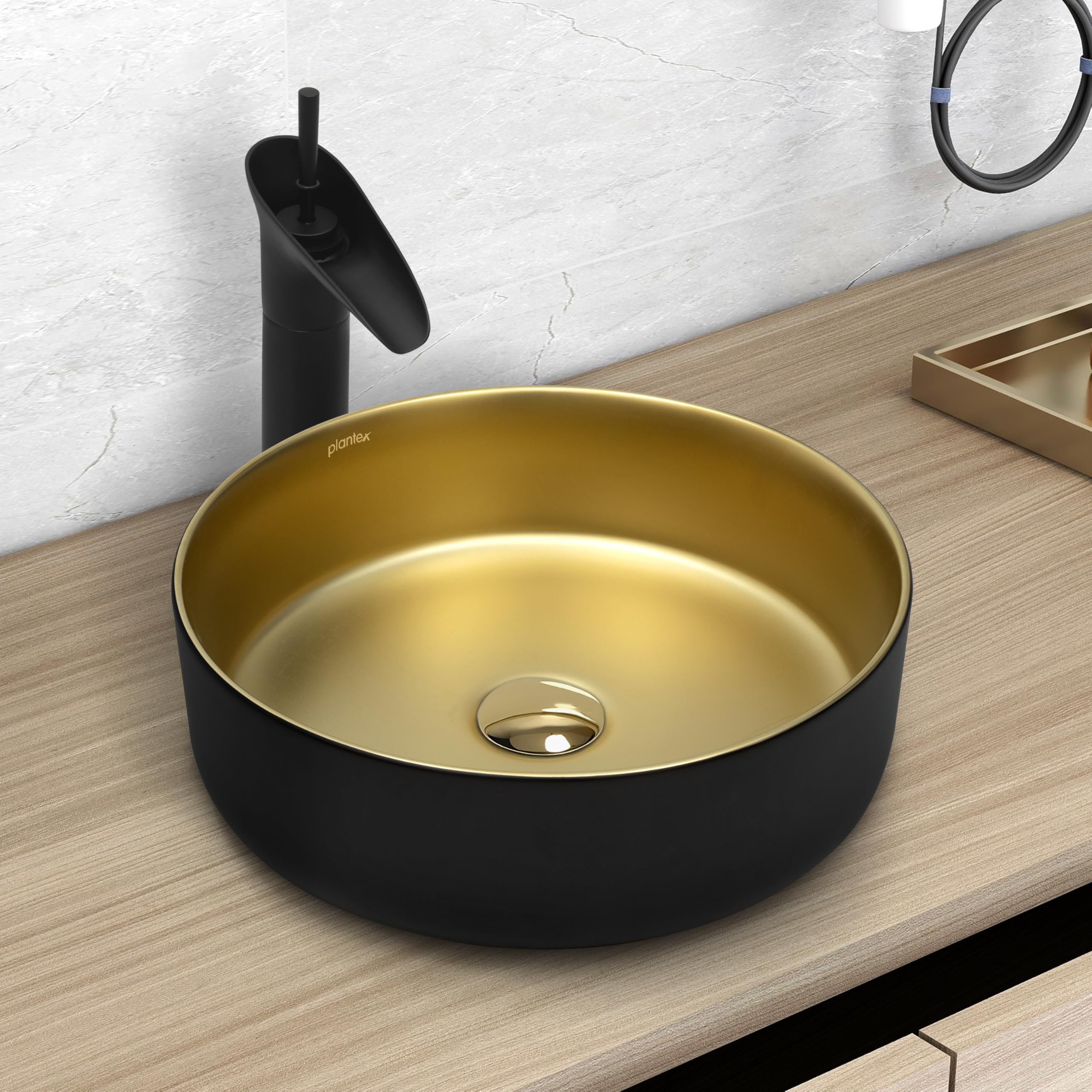 Table Top Wash Basin for Bathroom/Designer Ceramic Basin/Round Countertop Vessel Sink Basin for Home/Office/Hotel (669, Black, Gold)