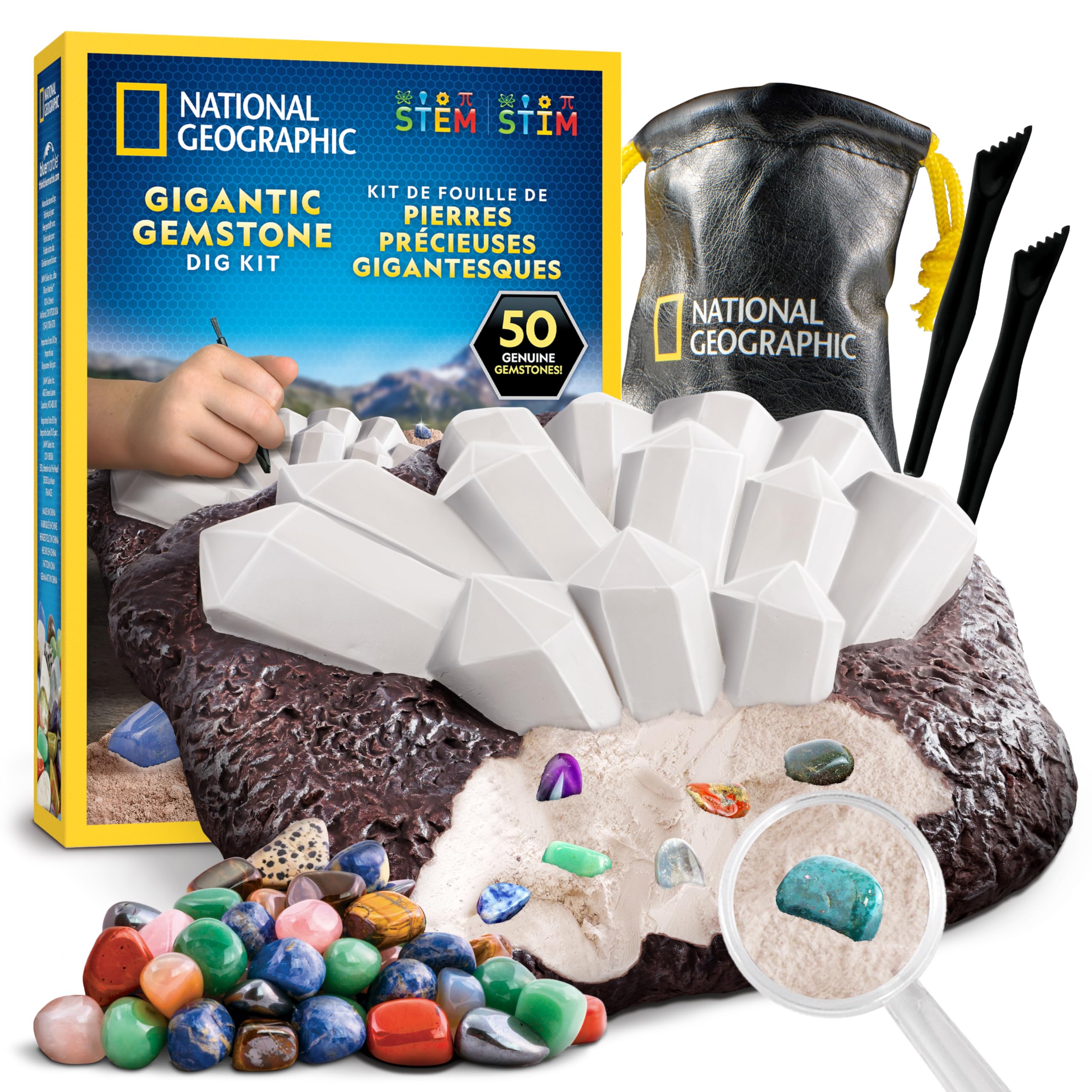 National Geographic Gran Kit de Excavación de Gemas – Extrae 50 Gemas Reales, Juego de Geología para Niños con Ladrillo Gigante, Herramientas, Guía Educativa y Hoja de Identificación