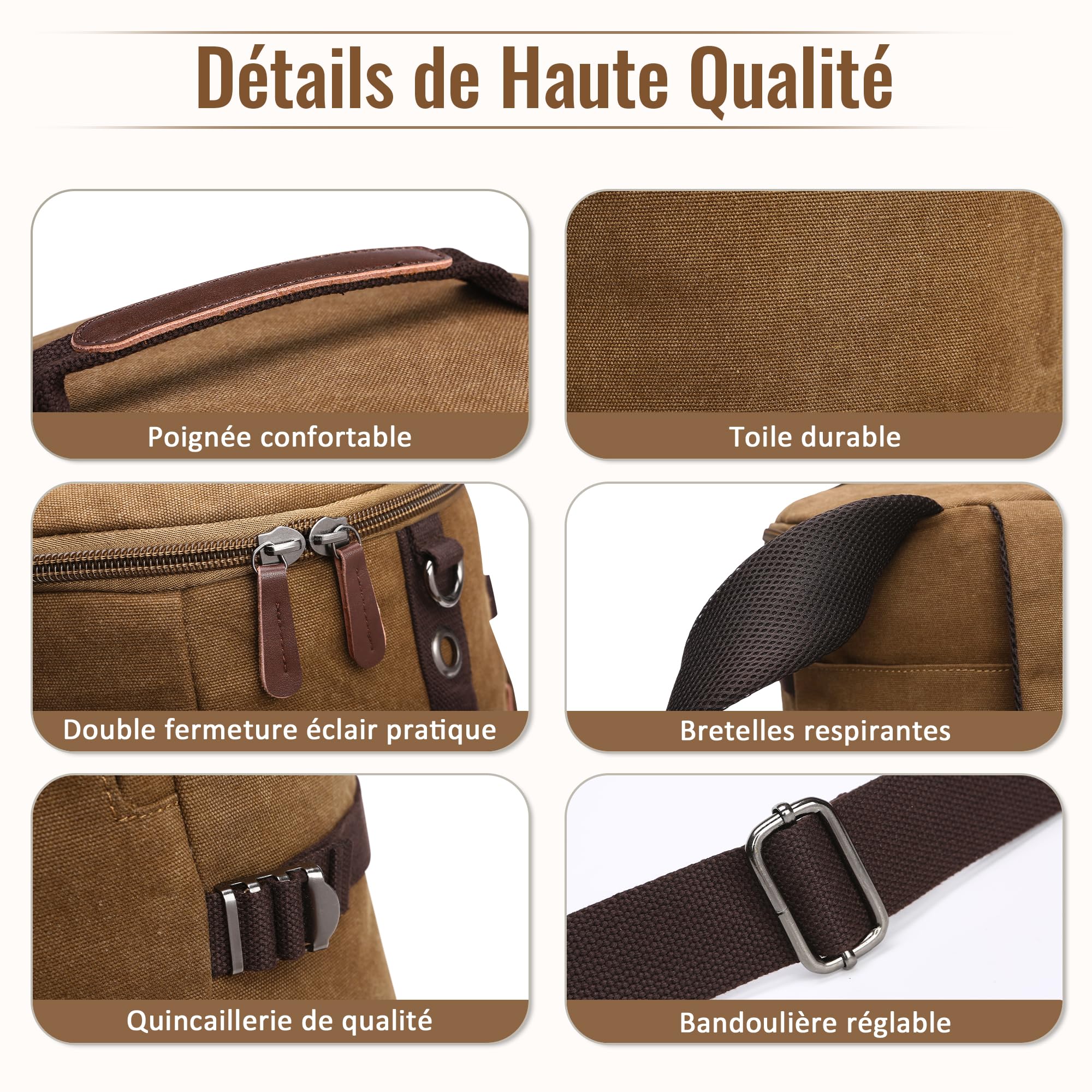 Vintage Sac à Dos Homme Grande Capacité Convertible Sac de Voyage avec Compartiment Caché Sac Week-End pour Voyage Randonnée Loisir Quotidien Extérieur Toile Homme Backpack Brun