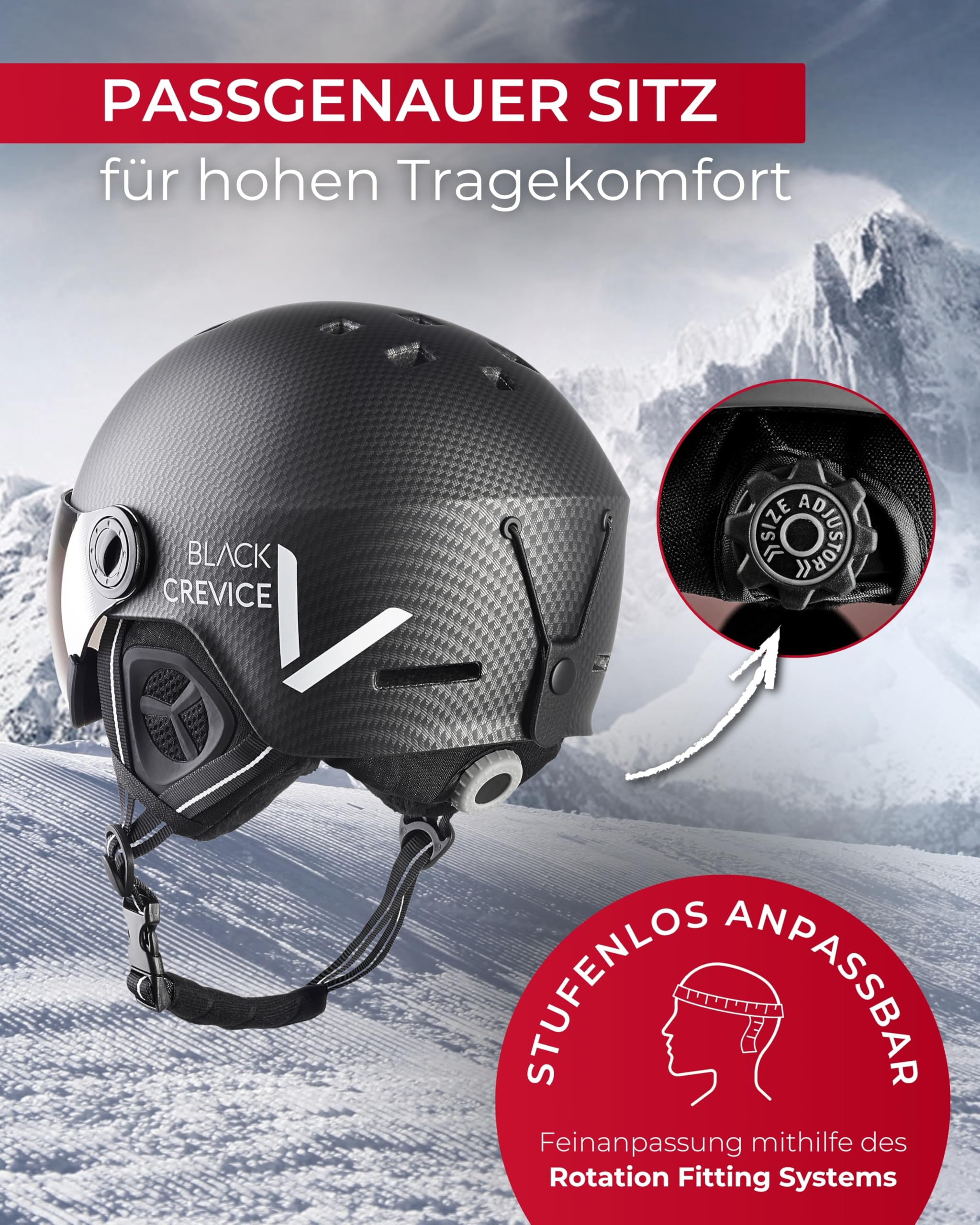 BLACK CREVICE Skihelm Kaprun Mit Visier im Pilotenstyle | Herren & Damen Unisex Snowboard-Helm | Atmungsaktiver, Größenverstellbarer Ski-Helm