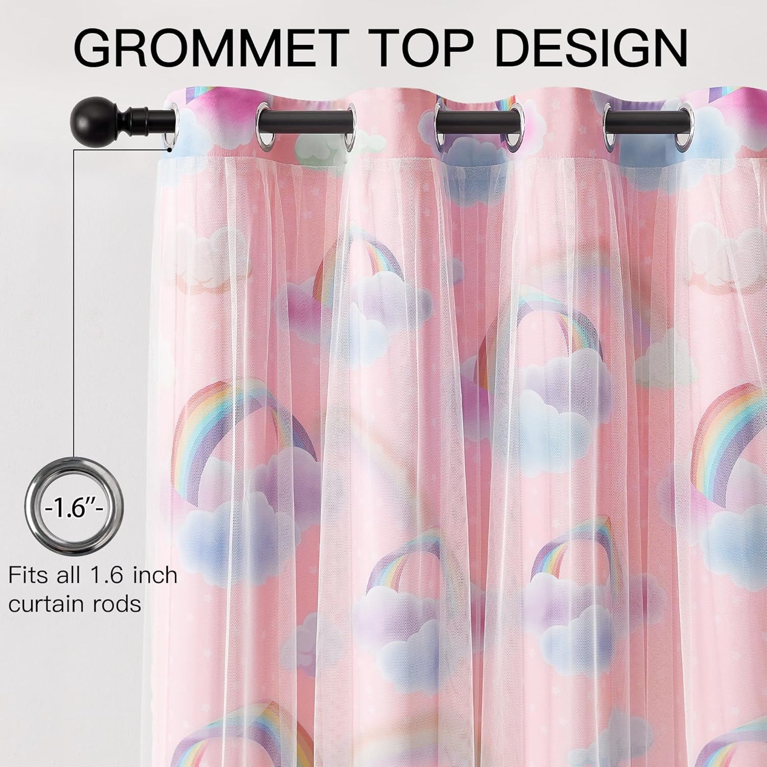 XiDi Pink Curtains for Girls Bedroom 2 Panels 63 Inches Long Cute Double Layer Kids Rainbow Blackout Curtains with Sheer Overlay Lace for Nursery Princess Thermal Insulated Grommet Window Drapes 34x63