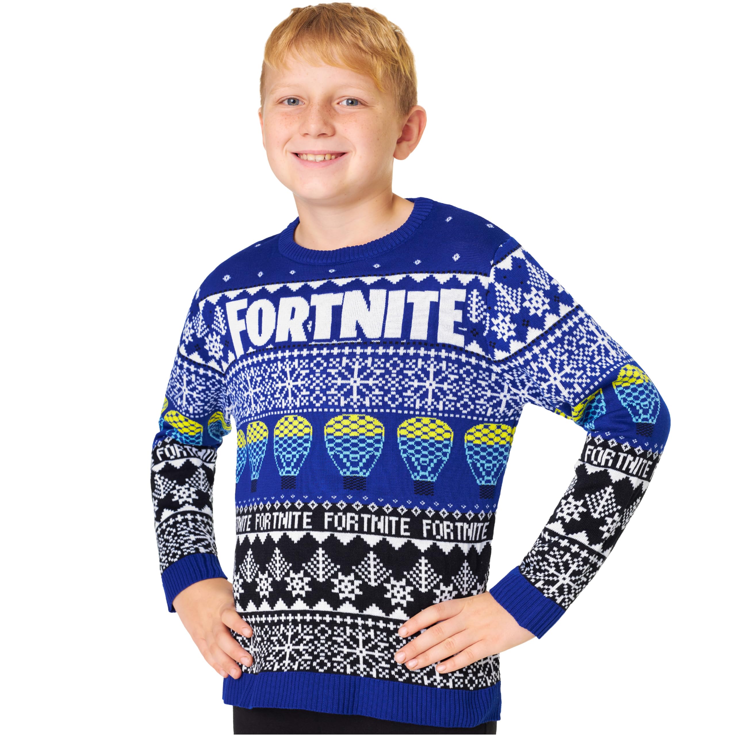 Fortnite Christmas Jumper for Boys & Teens 7-15 Years, Blue Knitted Pullover Sweater with Long Sleeves, Xmas Gifts for Him (14-15 Years, Blue)
