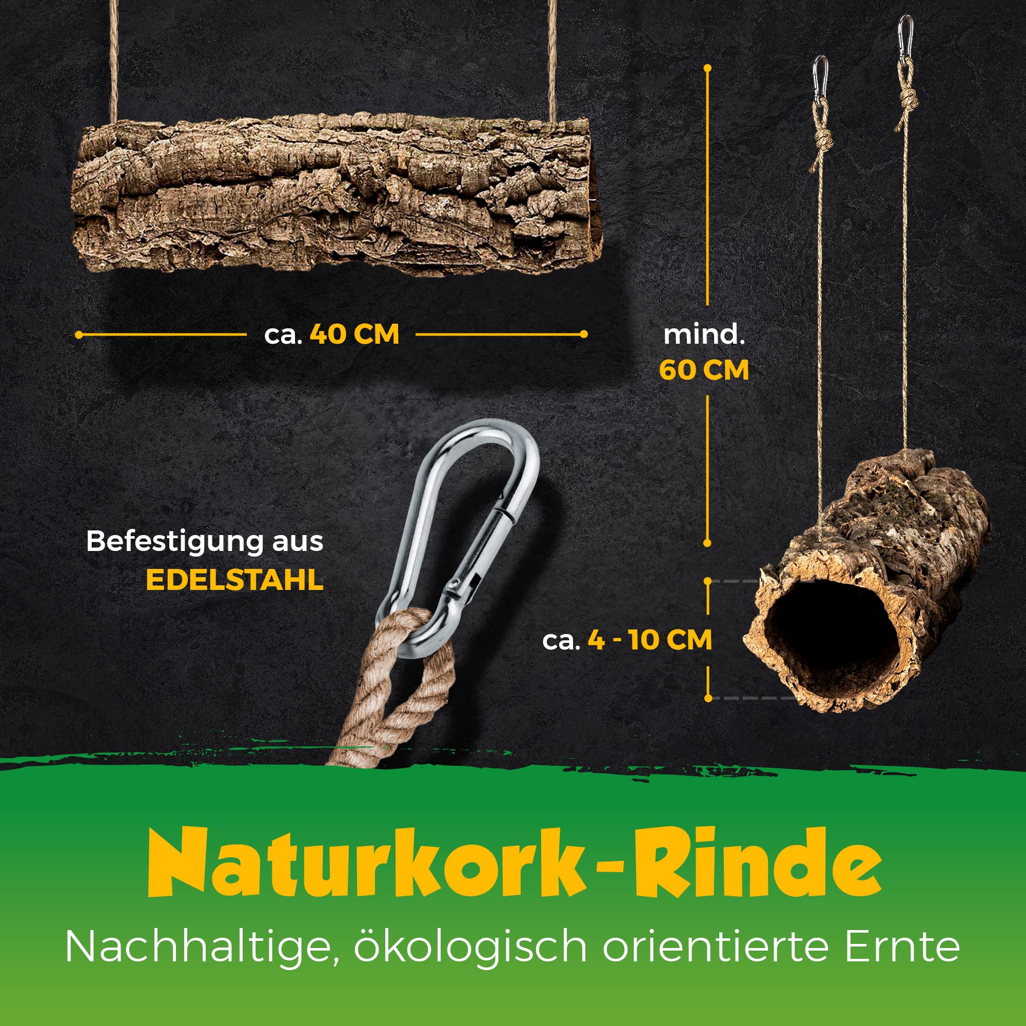 Korkröhre als Schaukel für Vögel | Röhre aus Naturkork | zum Schaukeln, Spielen, Anknabbern & Knuspern | Reine Kork-Rinde, desinfiziert | Karabinerhaken aus Edelstahl