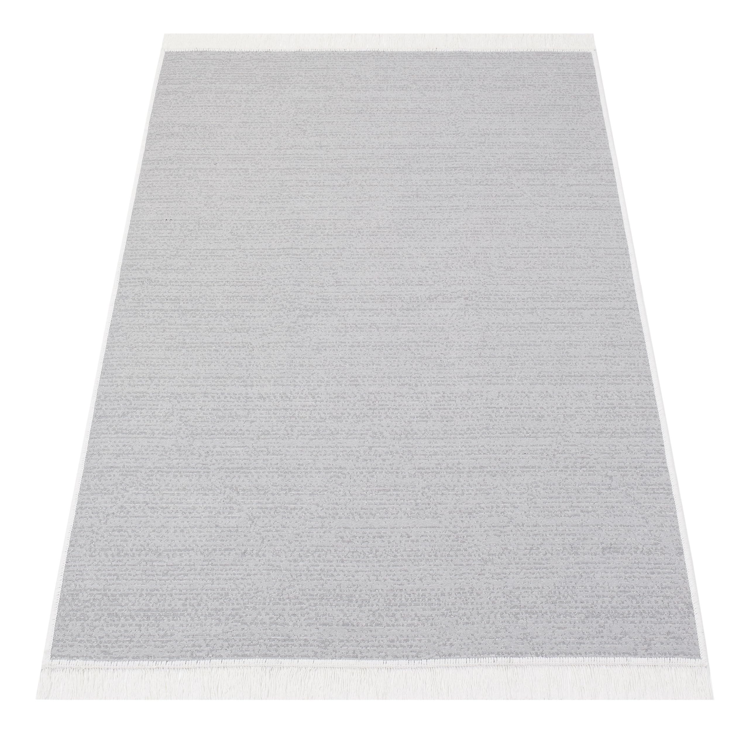 TAPISO Azteca Teppich Kurzflor Baumwolle Beidseitig Anwendbar Creme Grau mit Fransen Waschbar Wohnzimmer Schlafzimmer Waschmaschinenfest Küche ÖKOTEX 140 x 200 cm