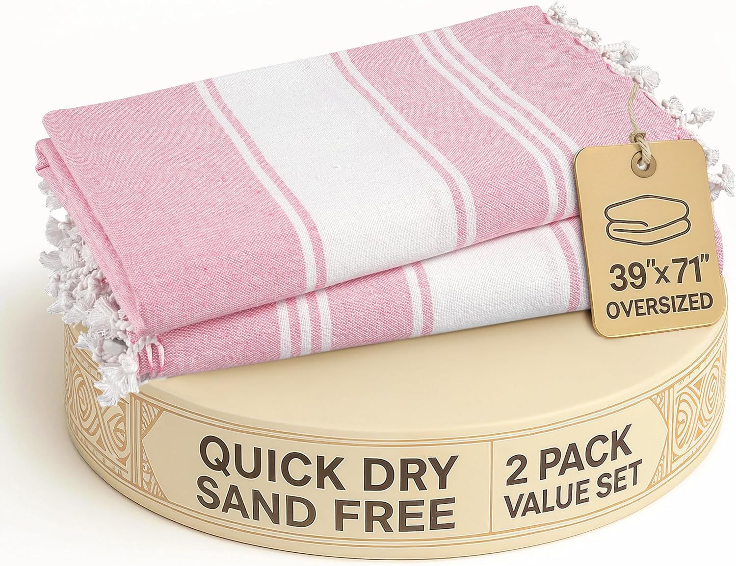 LANE LINEN Turkish Beach Towels, 2 Pack Extra Large Beach Towel, Pre-Washed for Soft Feel, Oversized Sand Free Quick-Dry Pool Towel, Beach Towels for Adults, 39"x71" - Candy Pink
