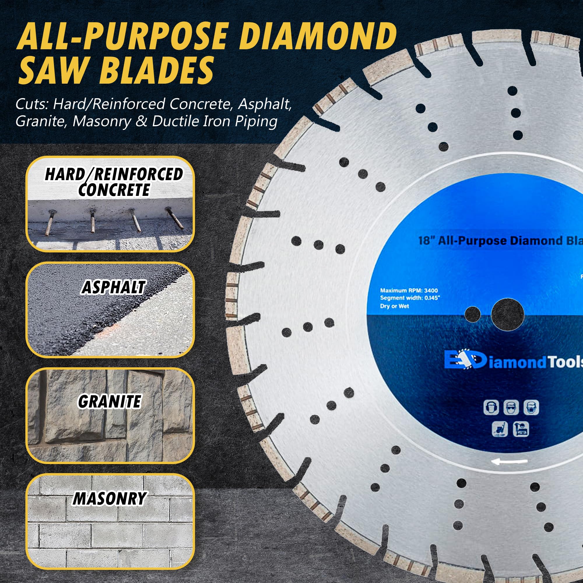 Lame diamantate multiuso per calcestruzzo, asfalto e granito, Dischi Diamantati, Lama Circolare, LK18XH1, 18'' Diameter 1'' Arbor