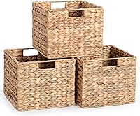 DINGTAI 12x12x10in Water Hyacinth Storage Baskets, Set of 3 Folding Wicker Cube Organizers for Shelves, Pantry & Kitchen