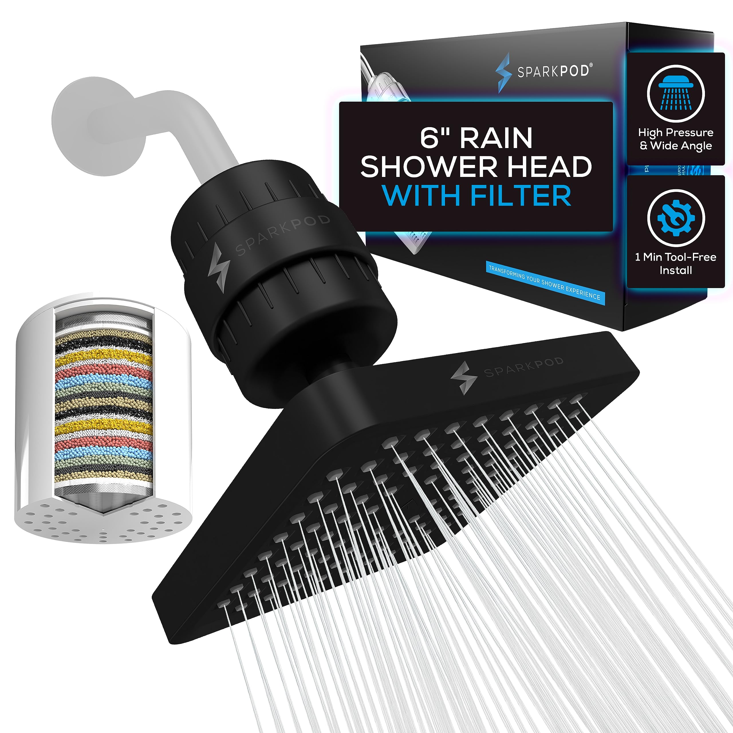 SparkPod Luxury Filtered Shower Head Set 23 Stage Shower Filter - Reduces Chlorine and Heavy Metals - High Pressure Showerhead Filter (6" Square, Midnight Black Matte)