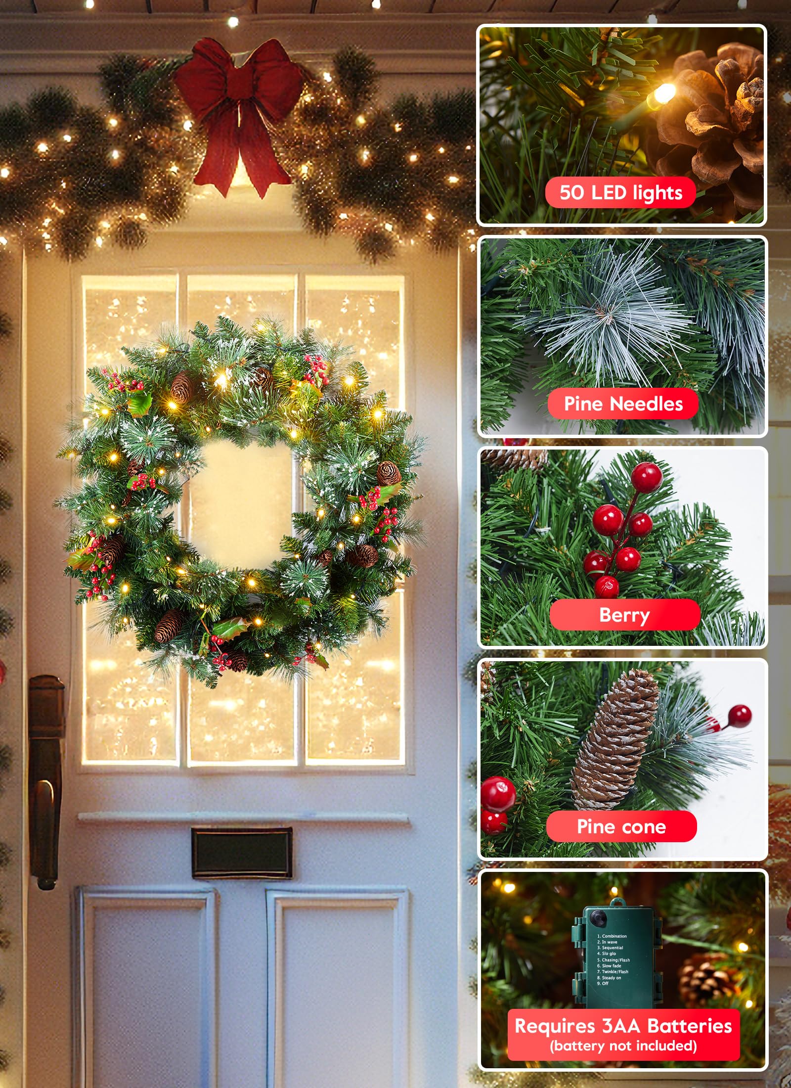 Ghirlanda natalizia artificiale pre-illuminata da 61 cm, alimentata a batteria, a LED, con aghi di pino, rami di bacche rosse, pigne illuminate, per porta d'ingresso, parete, finestra, ornamento