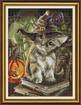 Maydiyer 11CT Stamped Cross Stitch Kits Pre-Printed Embroidery Kit,DMC Threads Needlework Sets for Girls -Cat Magician 12.615.7 inch
