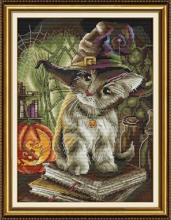 Halloween Stamped Cross Stitch Kits for Adults 11CT Counted Cross Stitch Kits for Beginners Embroidery Kits with Cat Pumpkin Pattern Cloth, Needles, Floss