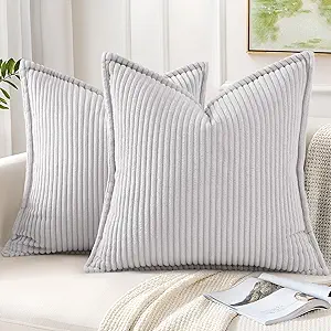 Mecatny Corduroy Throw Pillow Covers 18x18 Set of 2, Neutral Decorative Soft Boho Couch Pillow Covers with Broadside for Sofa Living Room, Grey