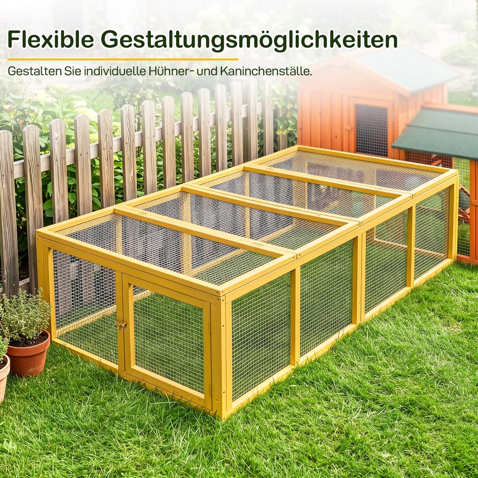 freilaufgehege Holz, kaninchenstall mit klappbarer Abdeckung, 180 x 90 x 48 cm, Großer Raum, geeignet für kleine Tiere zum Herumstreifen im Freien, Gelb