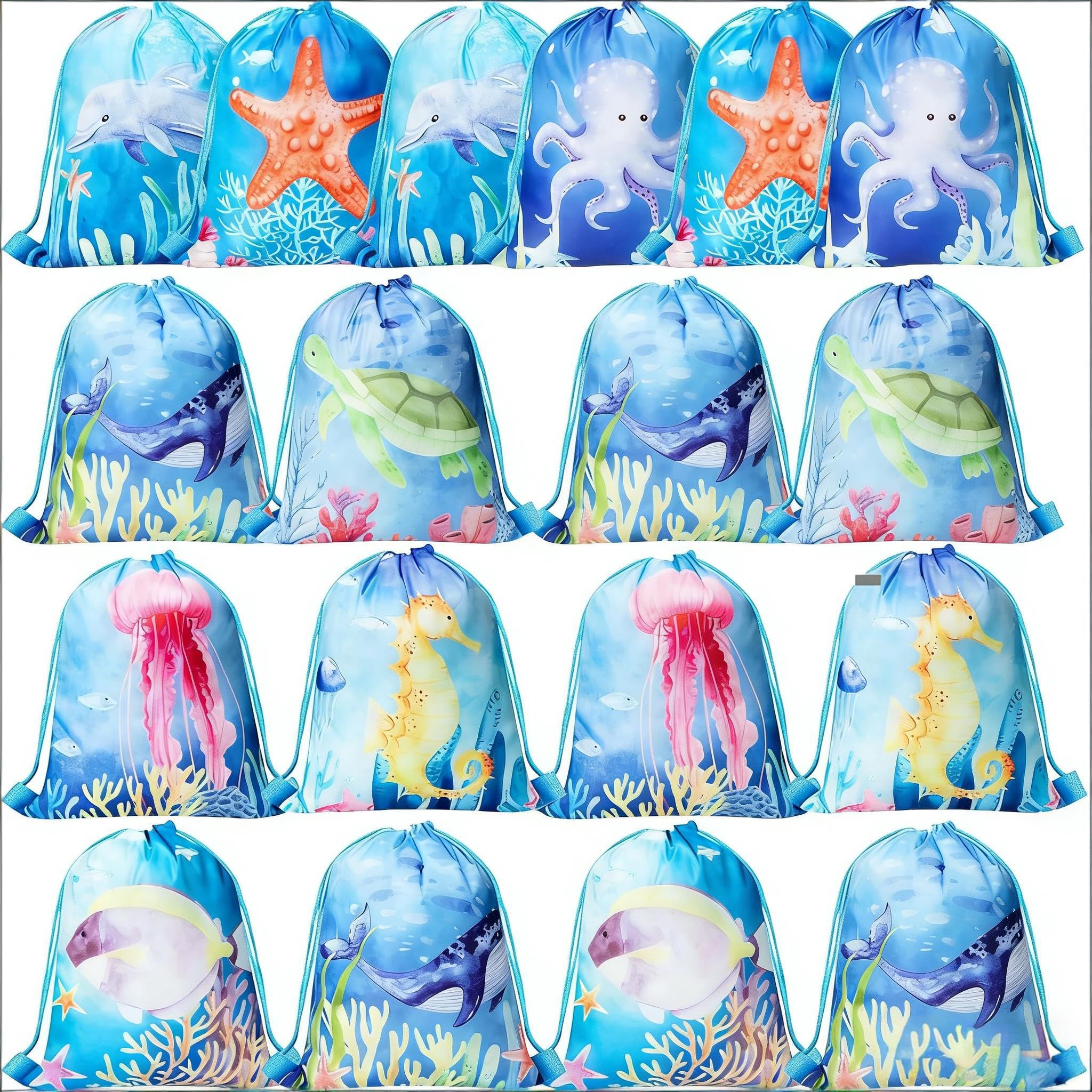 Clabby 12 Pcs Under the Sea Party Favors Bags Drawstring Ocean Theme Backpack Under the Sea Party Favors Supplies Fish Goodie Gift Bags Birthday