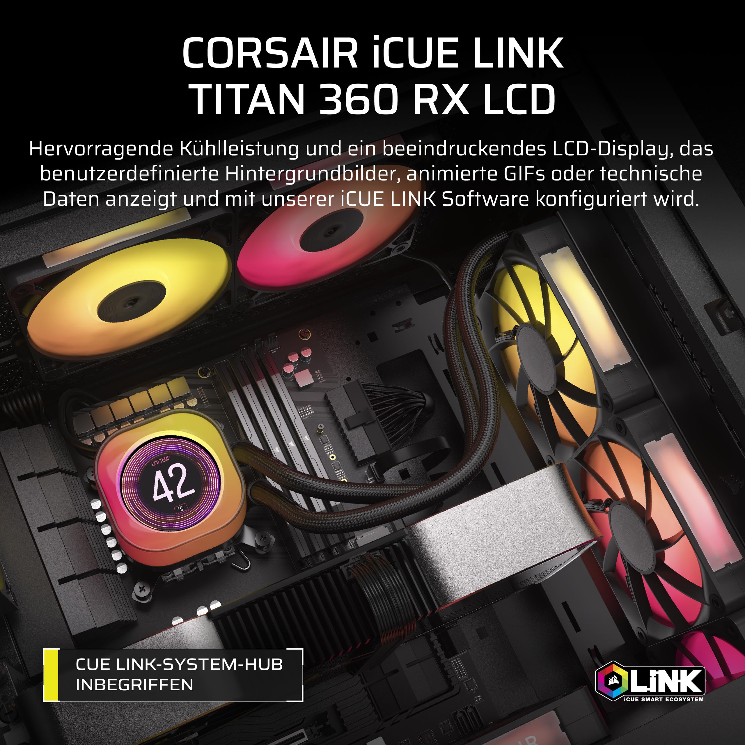 Corsair iCUE LINK Titan 360 RX LCD CPU-Flüssigkeitskühler – 360mm AIO – FlowDrive-Kühl-Engine – Intel LGA 1851/1700, AMD AM5/AM4 – 3X RX120 RGB-Lüfter – iCUE LINK-System-Hub Inbegriffen – Schwarz