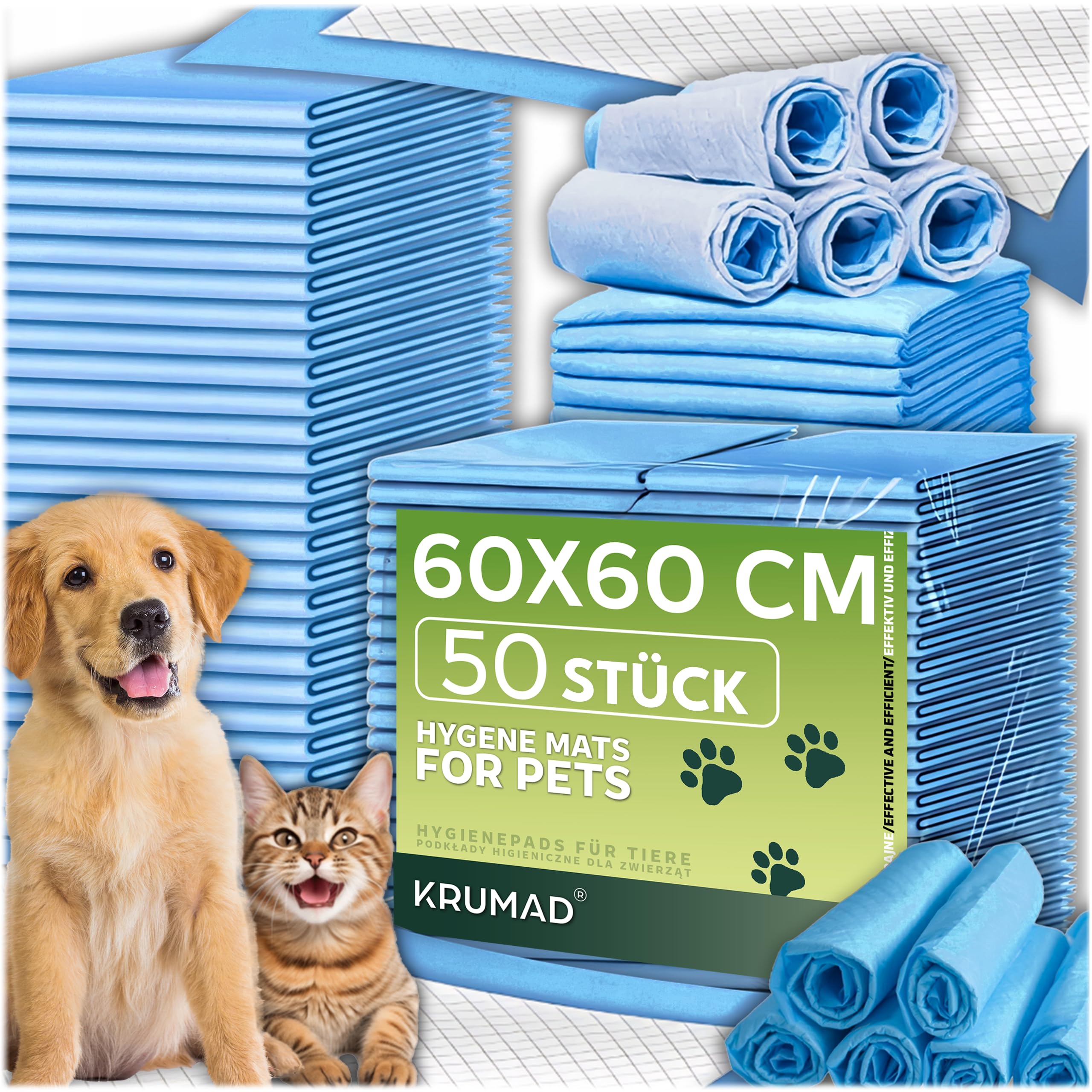 KRUMAD Trainingspads für Hunde, 50 Stück, 6-Schichten, PIPI Matten für Hunde, Trainingsmatte für Welpen, Inkontinenzunterlagen, Wasserdicht, Hunde Zubehör, 60 x 60 cm