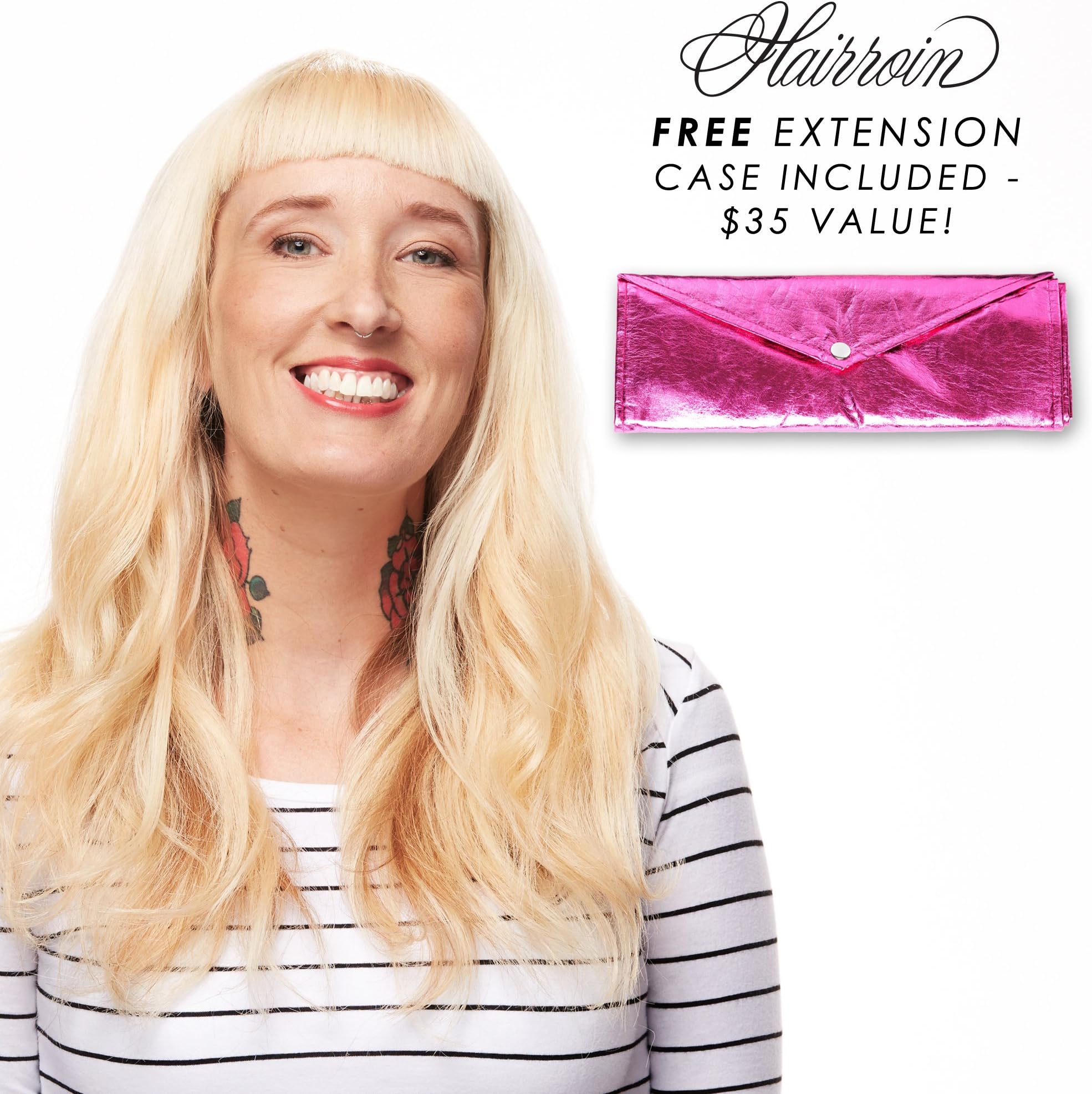 HAIRROIN BRAND PLATINUM BLONDE (Monroeville) 7 PIECE 16 INCH CLIP IN 100% REMY (REMI) REAL HUMAN HAIR. #1 BEST SELLING PROFESSIONAL GRADE HAIR EXTENSIONS FROM THE TOP HAIR SALON HAIRROIN (CELEBRITY TESTED)- AS SEEN ON THE TV SHOW SHEER GENIUS. THE ONLY EXTENSION SET THAT INCLUDES A CUSTOM STORAGE CLUTCH THATS FASHIONABLE AND DISCREET. THIS IS ONLY A LIMITED RUN. GET THEM WHILE THEY ARE STILL IN STOCK.