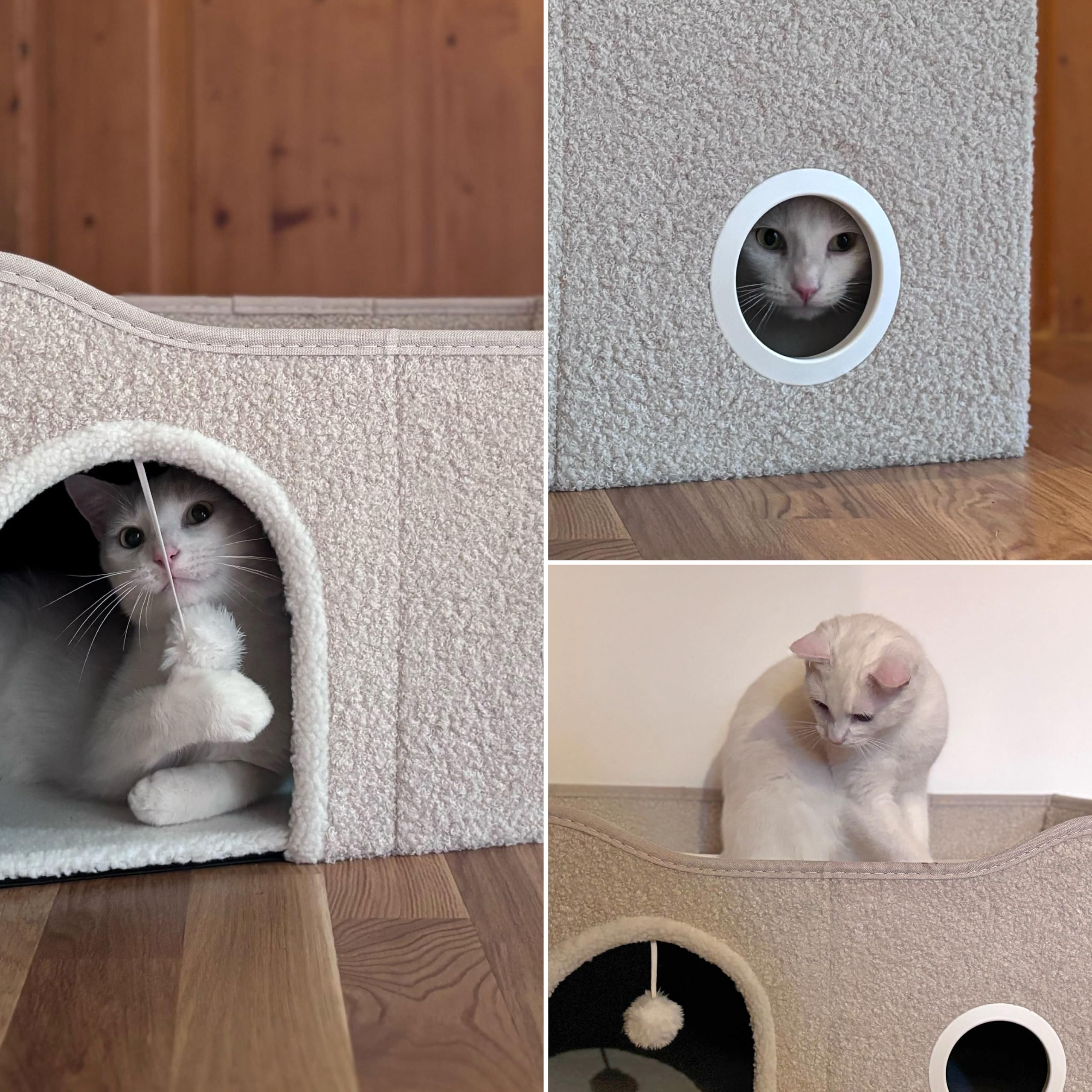 Pawy EB Niche pliable pour chat d'intérieur avec planche à gratter et balle de jeu, grande surface de couchage, beige, 62 x 41 x 33 cm