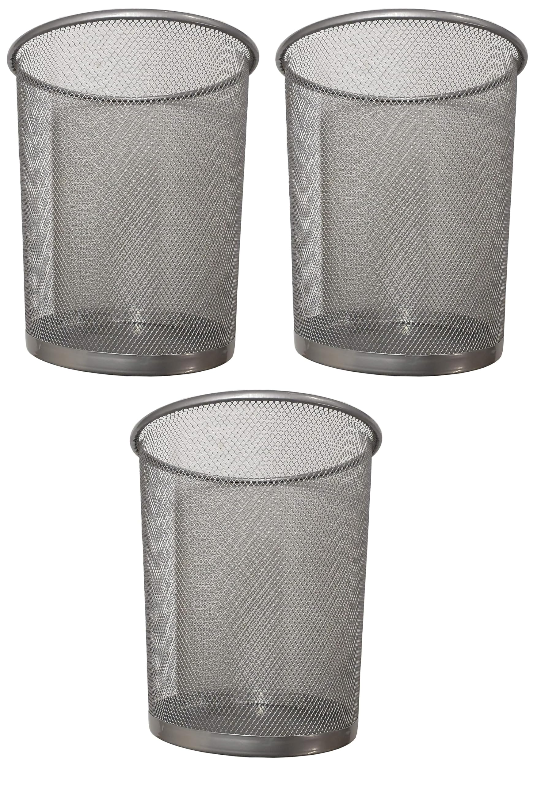 DIVCHI Round Trash Can Bin - 3 Pack Silver Non-Slip Mesh Bins Waste Paper Bin Sturdy Metal Bin Indoor Waste Bin for Home Bedroom Office Bathroom Living Room & Kitchen (Silver)