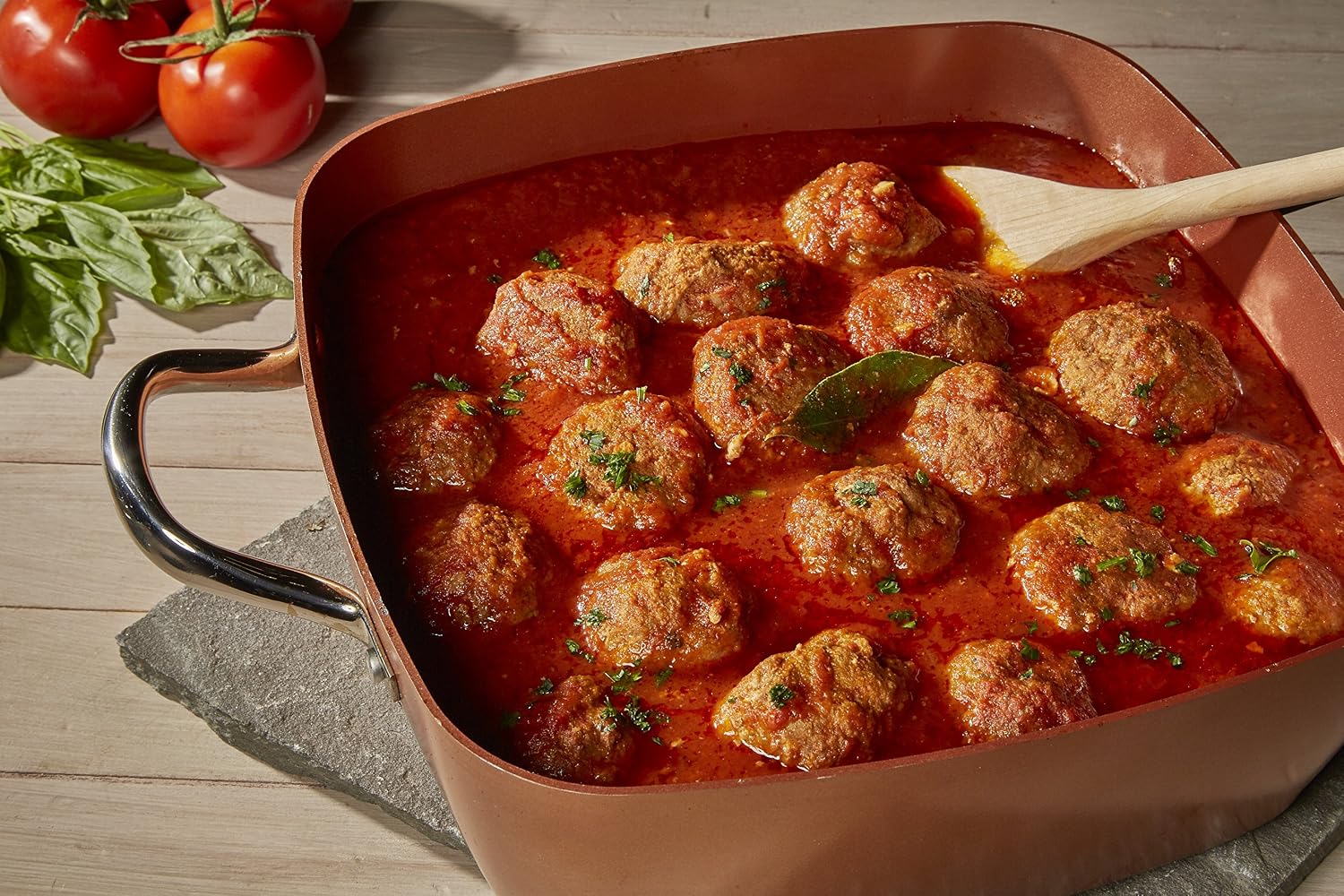 Meatballs cooking in Copper Chef Casserole Pan