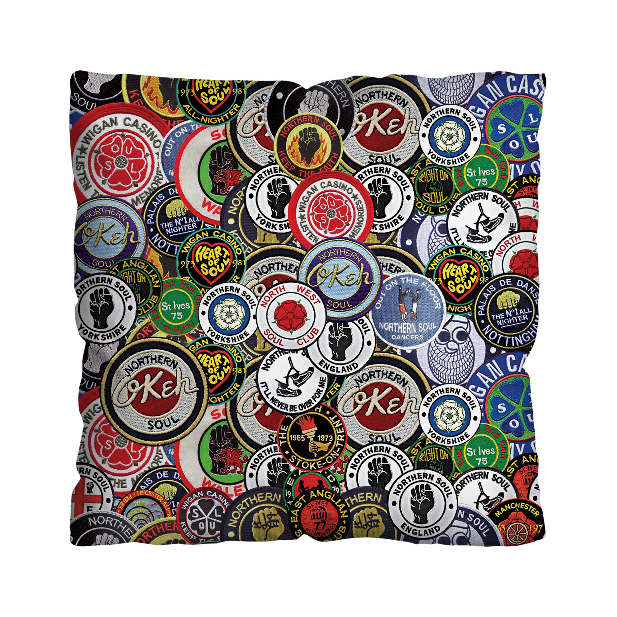 L&S PRINTS FOAM DESIGNS Colourful Northern Soul Patches Design 18x18 inch Cushion