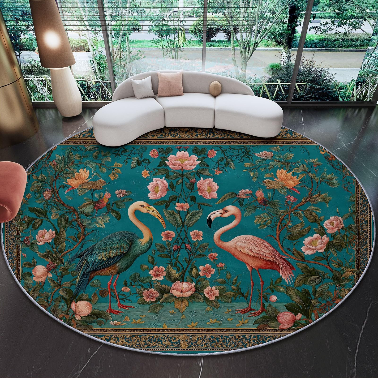 Rugs Round Retro Court Style Birds And Flowers Living Room 60 cm (Round) Non-Slip Area Rug Round Machine Washable Floor Carpet Short PileCircle Rug Room Bedroom Kids Room Decor Green And Blue
