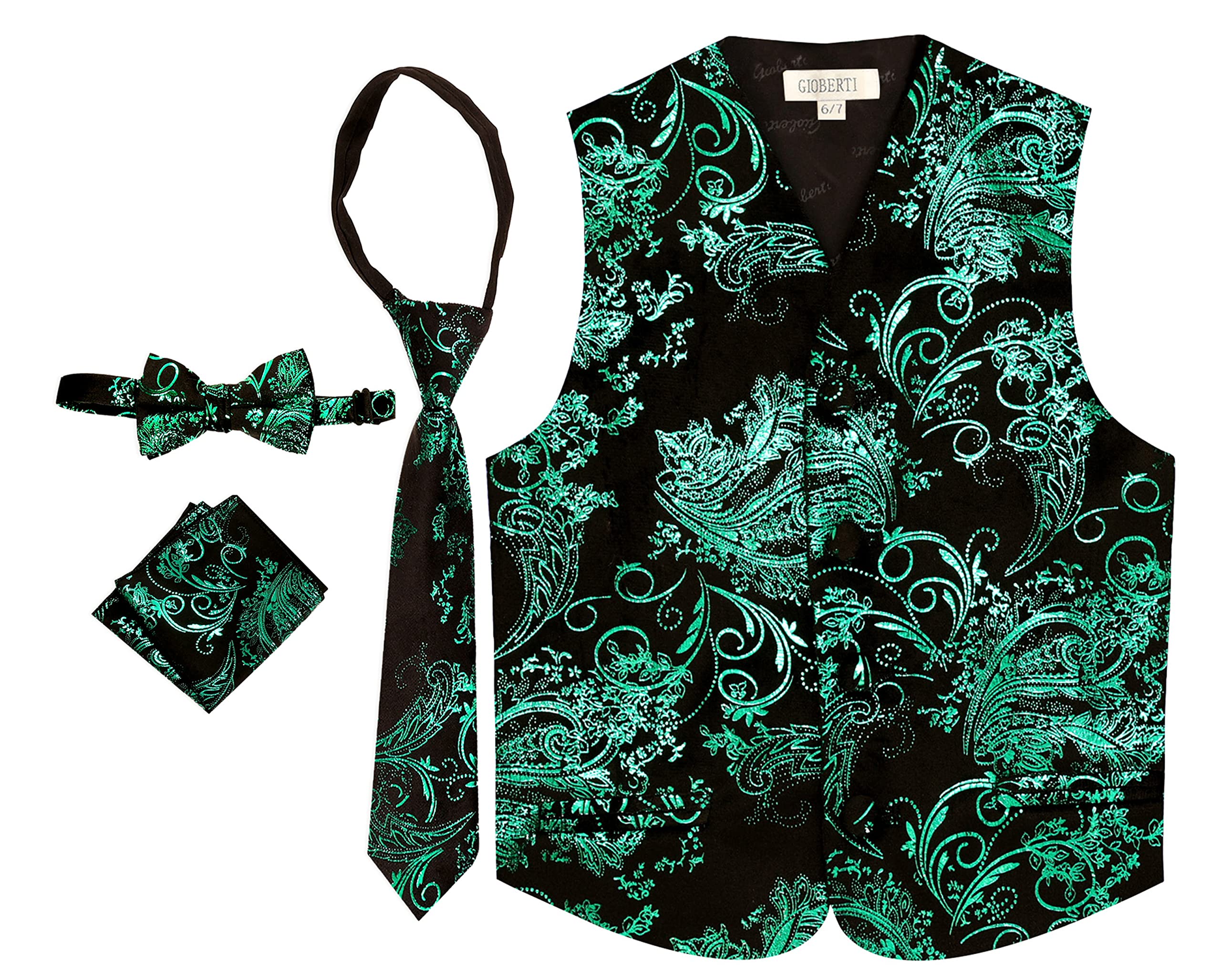 Gioberti Kids and Boys 4pc Paisley Vest Set - Vest, Bowtie, Tie, Pocket Square