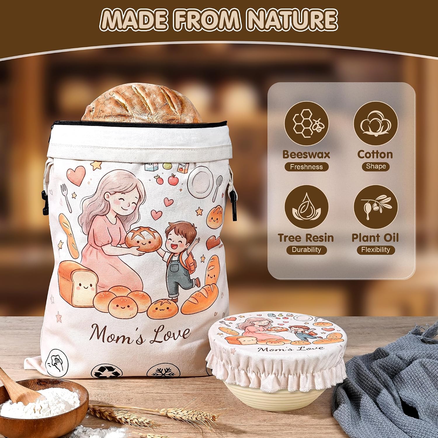 Reusable Beeswax Bread Bags for Sourdough and Homemade Bread - 2 XL Organic Cotton Bread Bags + Bowl Cover, Sourdough Loaf Storage to Lock in Freshness, Large 17x13 in, Beige
