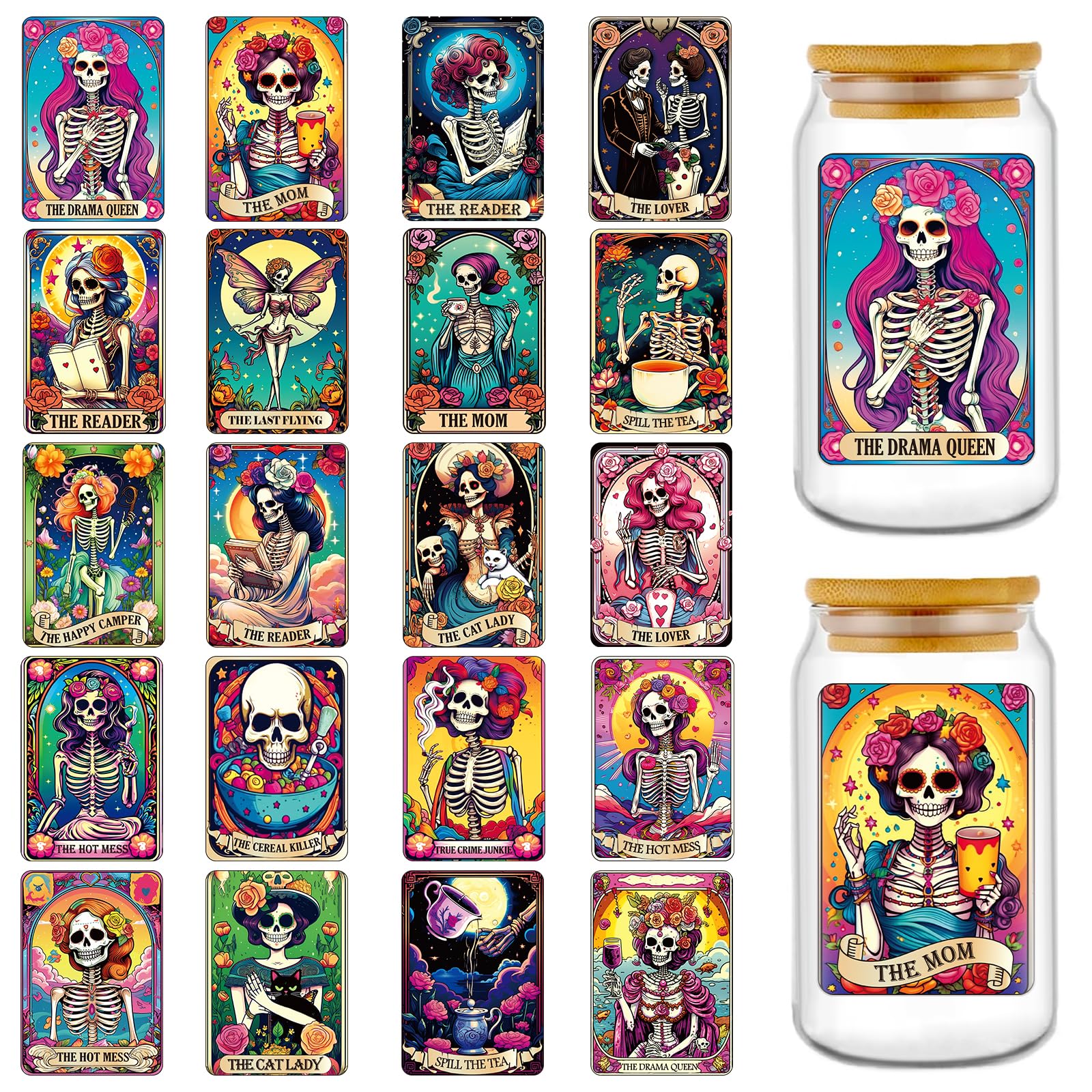 Rngmsi UV DTF Cup Wrap - 20 Sheets Skull UV DTF Cup Wraps for 16 oz Gothic Skeleton UVDTF Decals for Tumblers Waterproof Rub on Transfer Stickers for