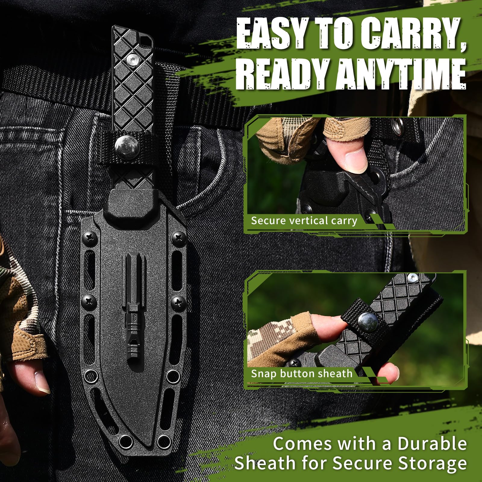 Omesio L-PJ21 Cuchillo de Supervivencia Full Tang con Funda Kydex, Acero 5CR13MOV, Pedernal y Paracord, Cuchillo Bushcraft Fijo para Camping, Senderismo, Caza y Outdoor