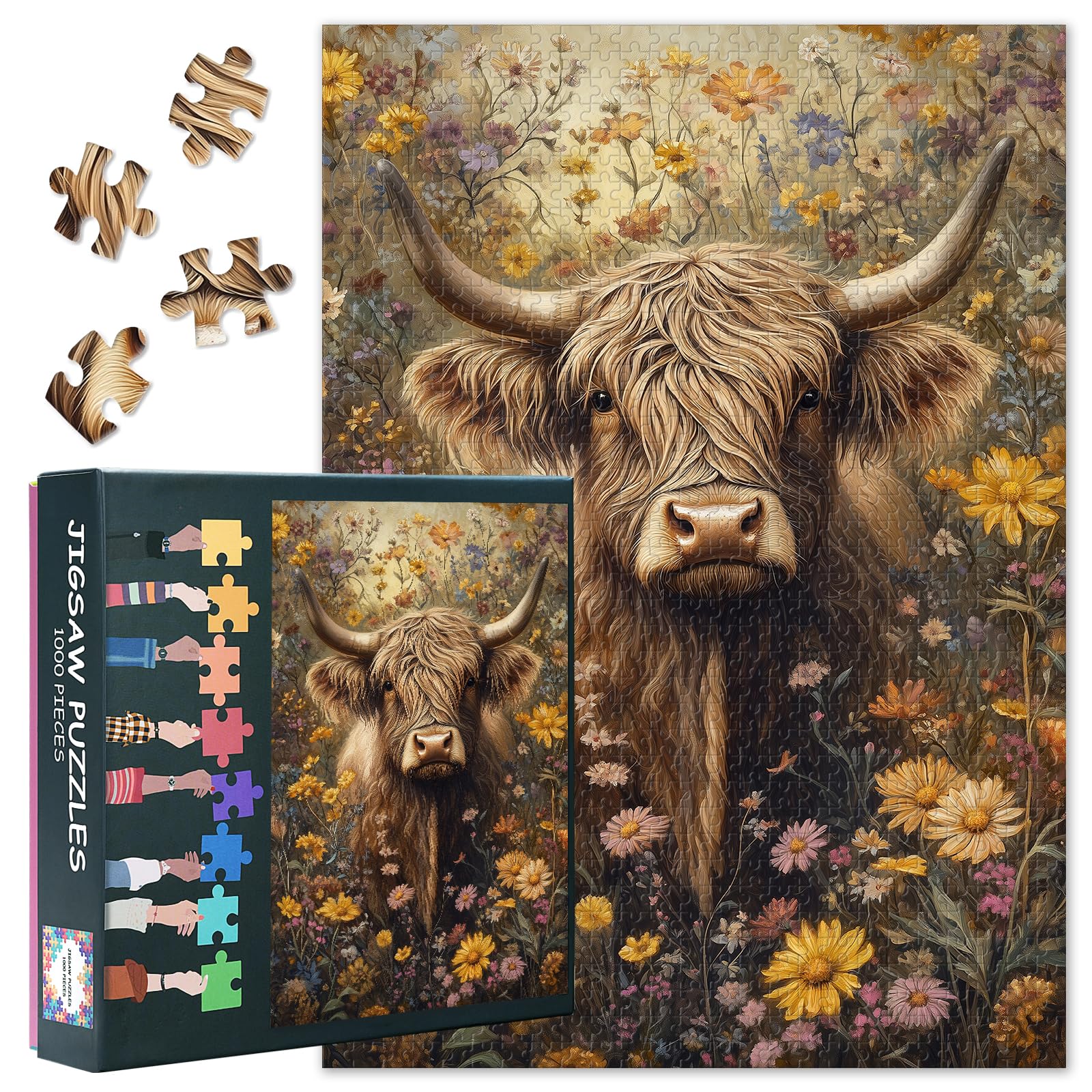 Cow Puzzles for Adults 1000 Pieces, Schottish Highland Cow Jigsaw Puzzle, Flowers Jigsaw Puzzles, Challenging Game Home Decor Birthday Party Gift Toy for Adults Seniors 20X27 INCH — image 1