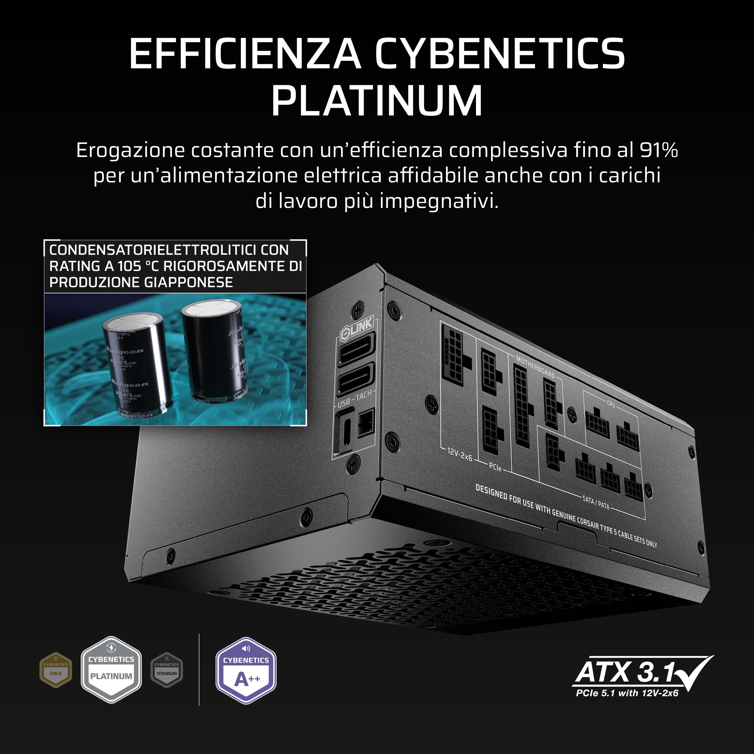 CORSAIR HX1200i SHIFT Alimentatore ATX completamente modulare – Nero | Hub di sistema iCUE LINK integrato, cavo nativo 12 V 2x6, ATX 3.1 e PCIe 5.1, Cybenetics Platinum