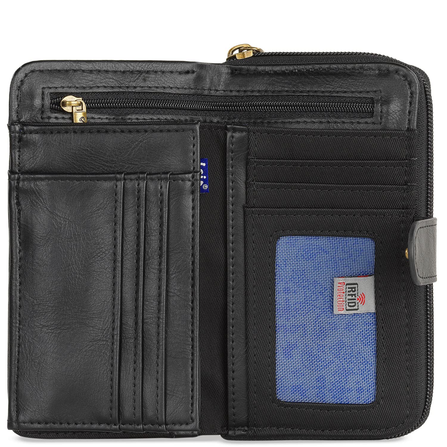 Lois - Cartera de Mujer Grande con Cierre Central de Cremallera, Monedero Tarjetero, Piel Eco, Cuero PU y Lona Bordada, Negro, 16 x 9 x 2 cm