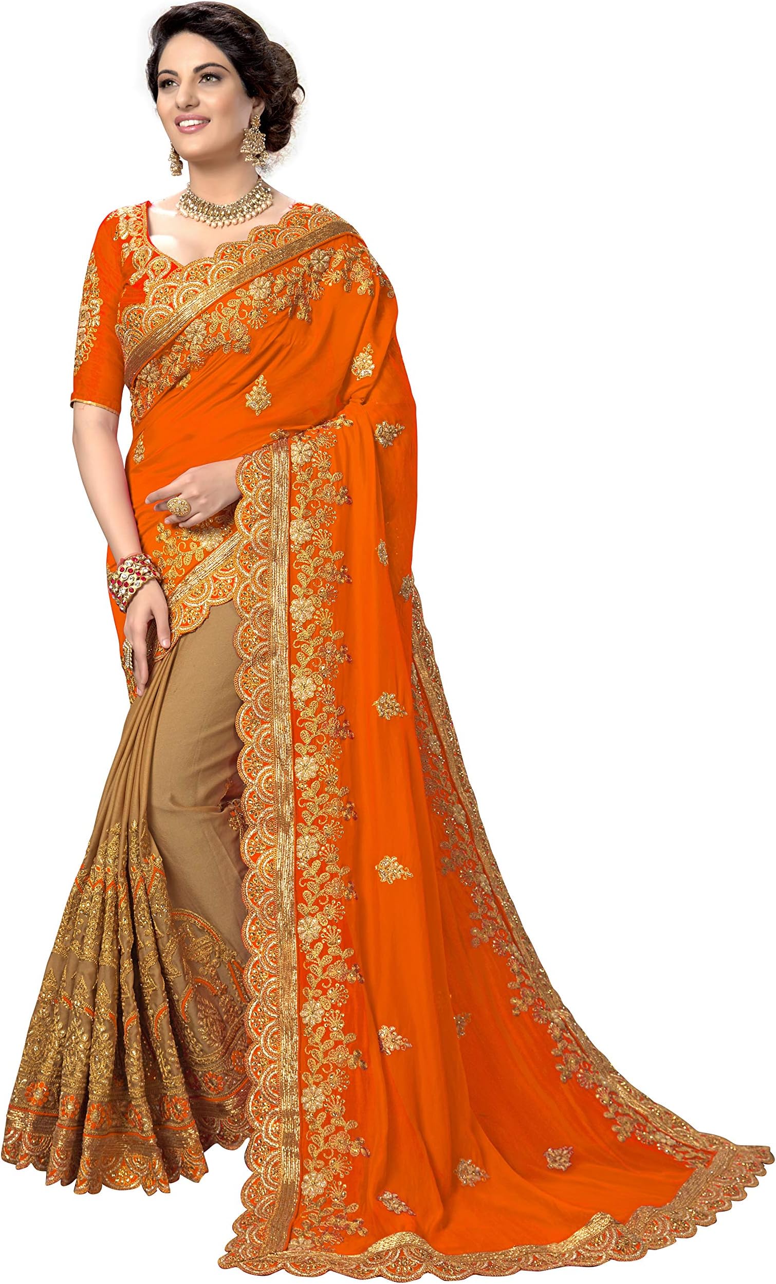 TRENDMALLS Women's Silk Satin Embroidery Saree with Unstitched Blouse
