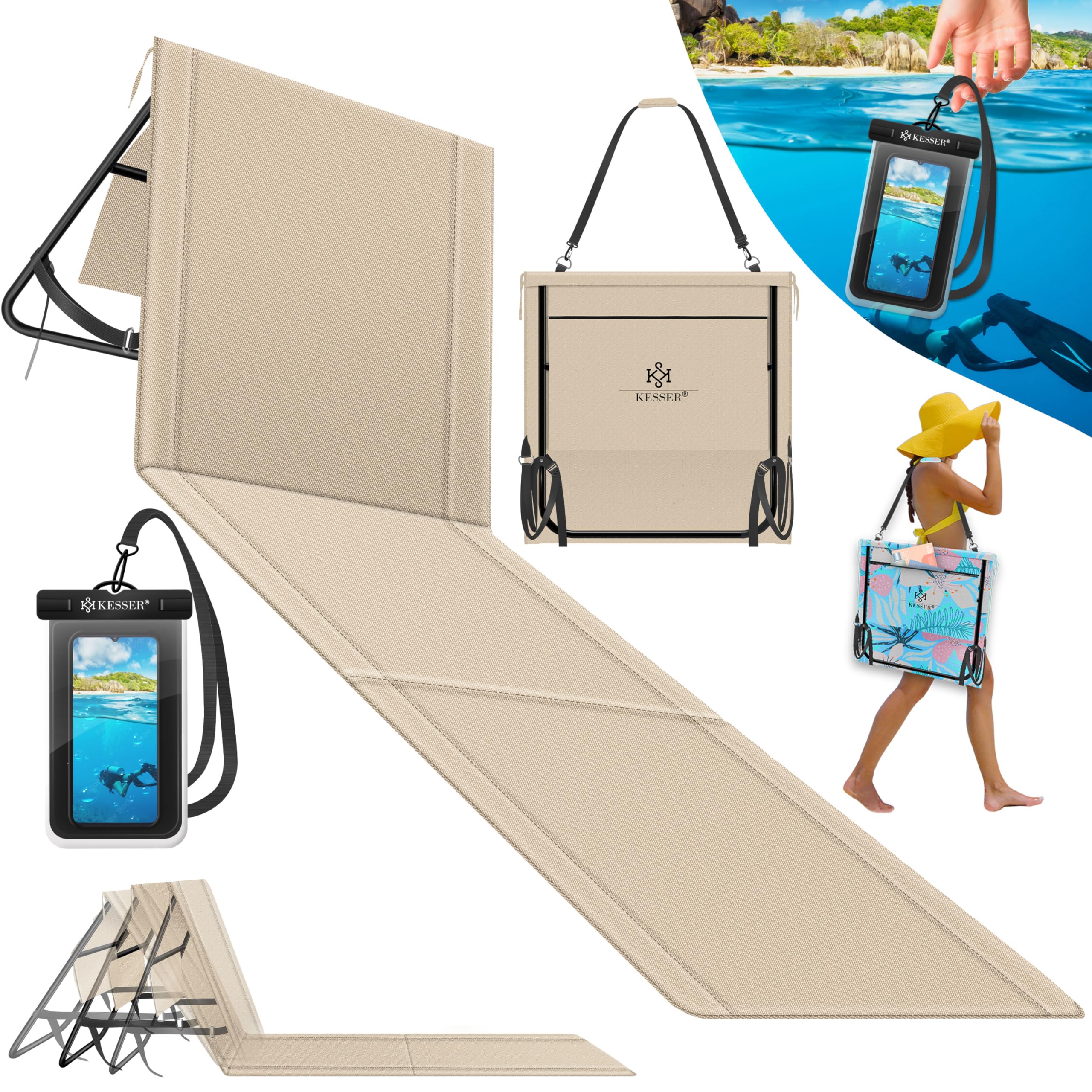 KESSER® Klappbare Strandmatte mit Verstellbarer Rückenlehne – Faltbare Strandliege mit Tragegurt, wasserdichter Tasche & Aufbewahrung – Sonnenliege für Strand, Garten & Terrasse 130 kg belastbar