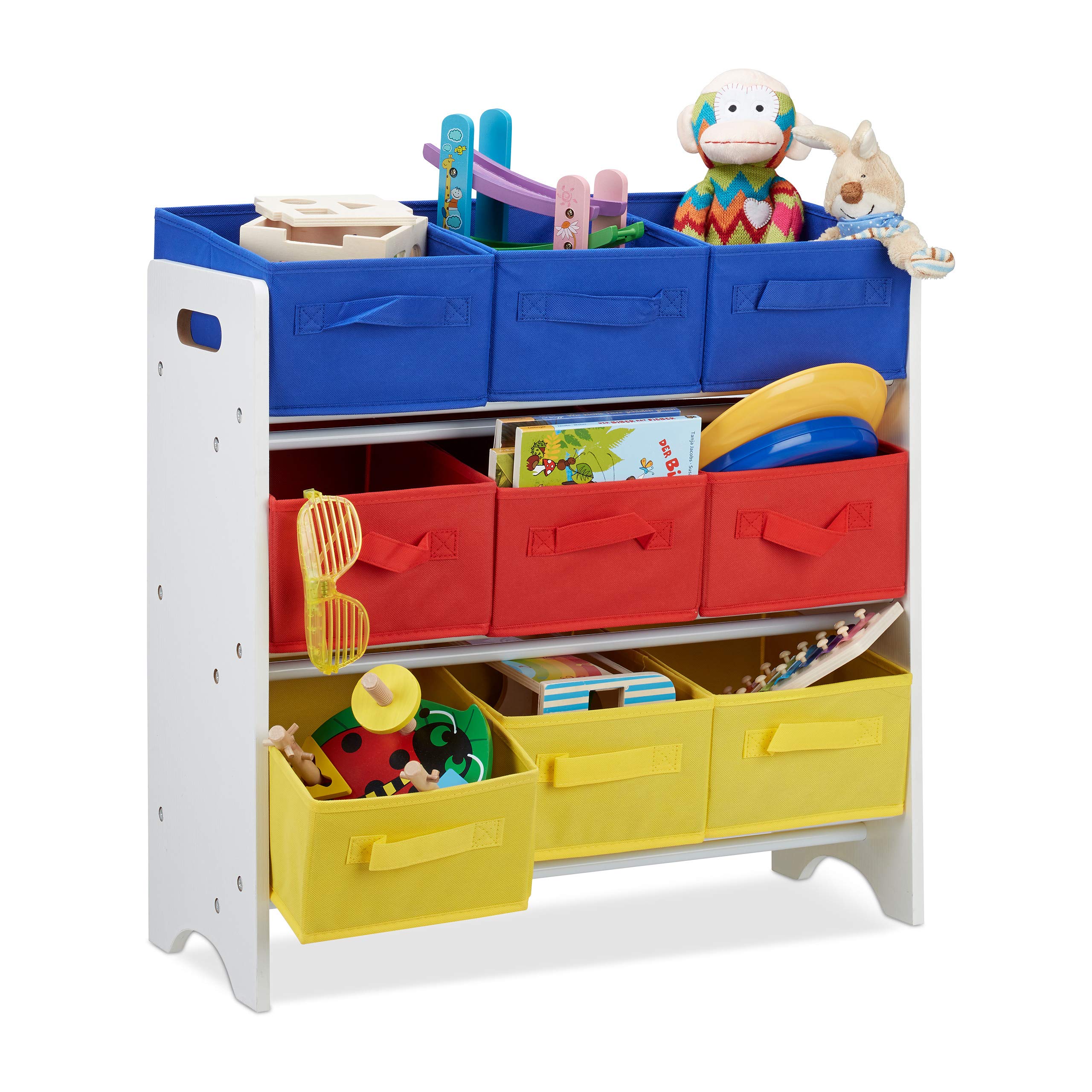 Relaxdays Étagère pour enfant avec 9 paniers pliables avec anses et tubes en métal Blanc/multicolore 62 x 63 x 28 cm