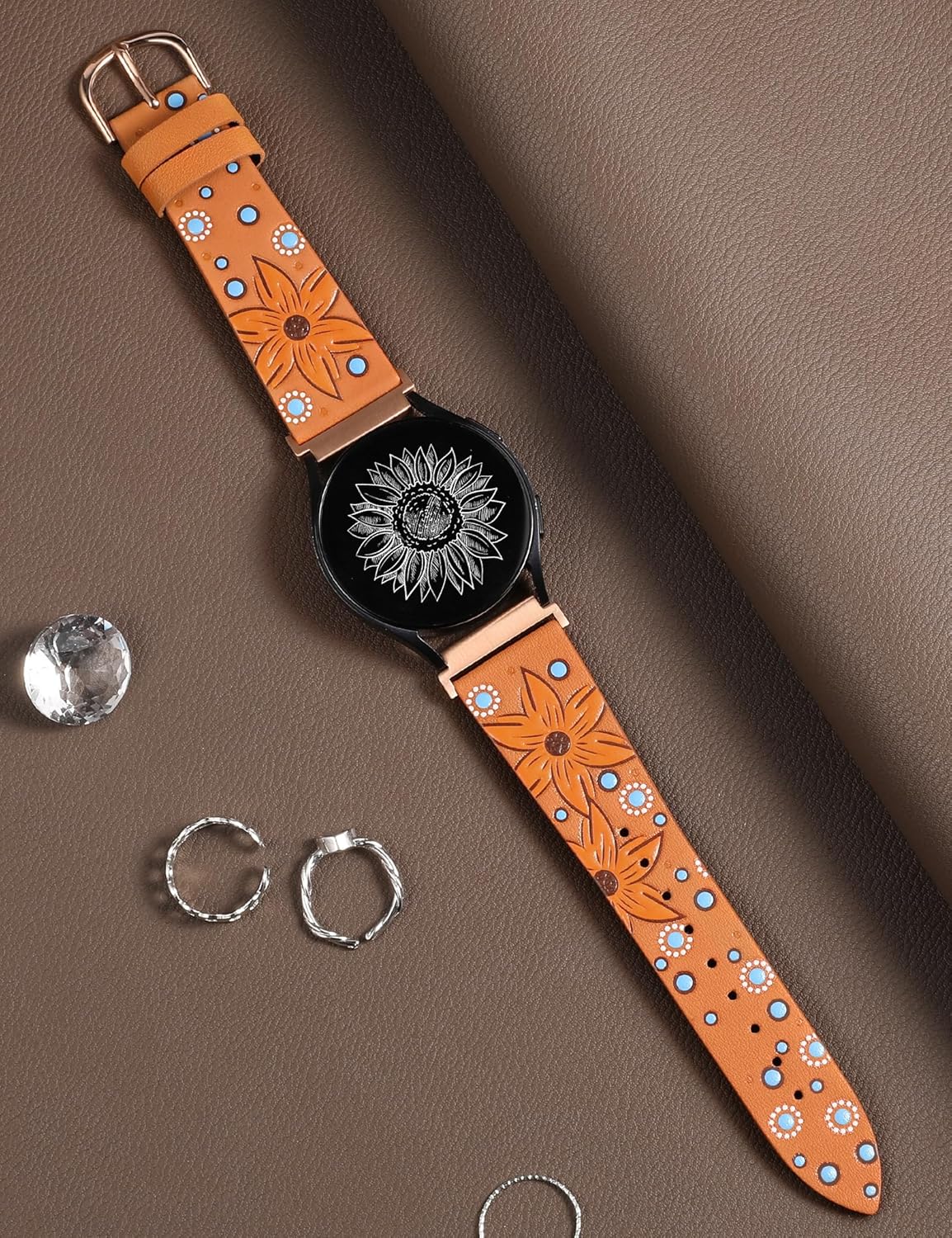 Minyee Leather Bands Compatible with Samsung Galaxy Watch 7 Band/Watch FE 6 5 4 40mm 44mm/Watch 5 pro Band 45mm/Watch 6 4 Classic 47mm 43mm 42mm 46mm, Boho Embossed Sunflower Designer 20mm Watch Band - Image 4