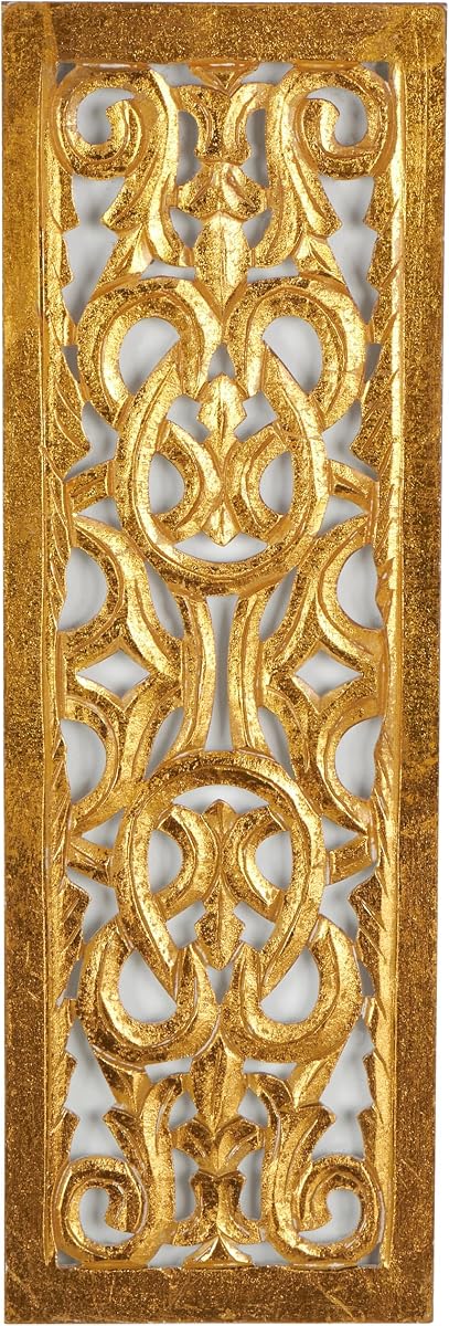 Deco 79 Wooden Scroll Handmade Home Wall Decor, 12" x 1" x 36", Gold | Intricately carved wood wall art, arabesque wall sculpture, wooden panels wall decor