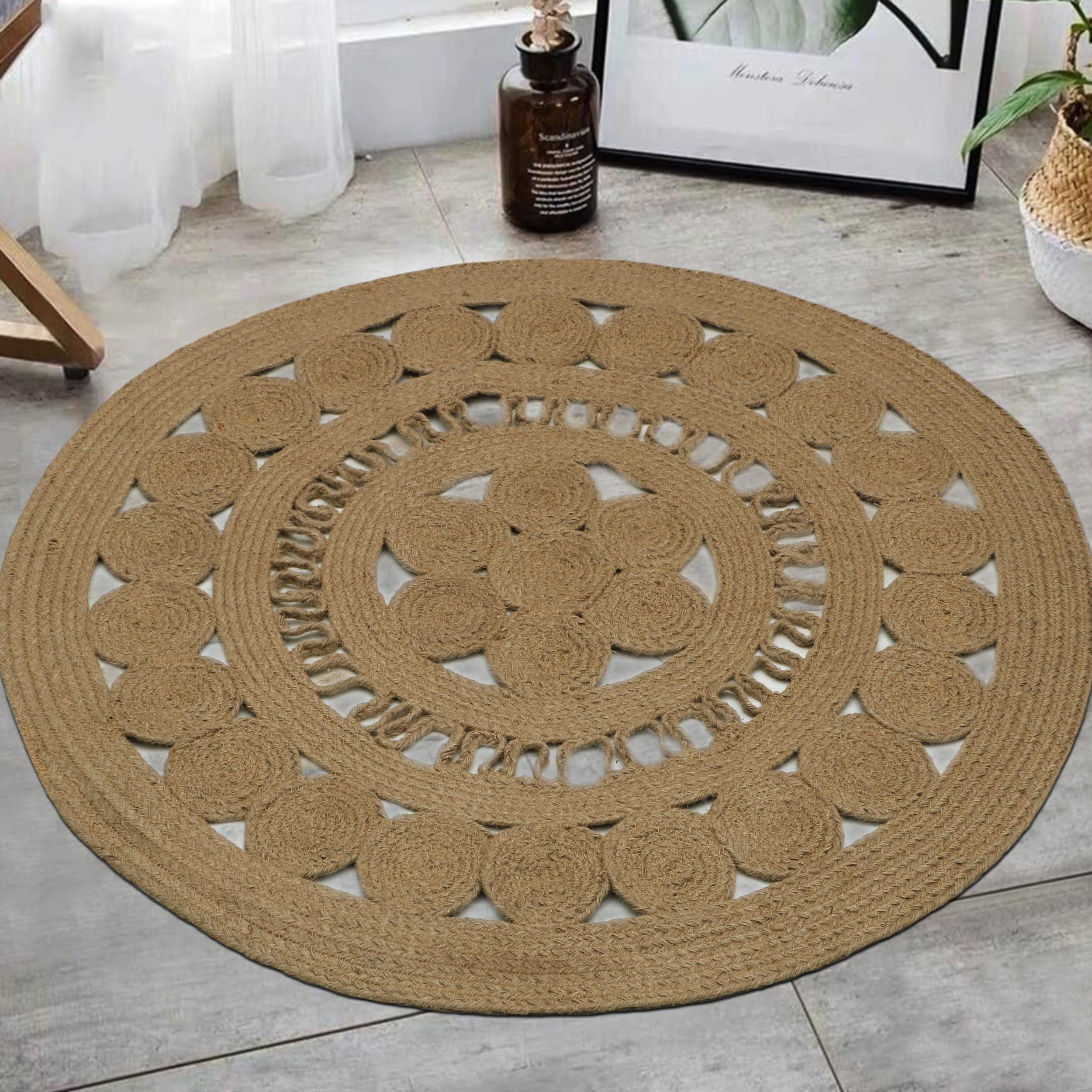 The Home Talk Tapis rond en jute tissé à la main de style rustique ou bohème – Tapis doux et durable – Ajoute de la texture et de la chaleur au salon, à la chambre à coucher, à la salle à manger, à la