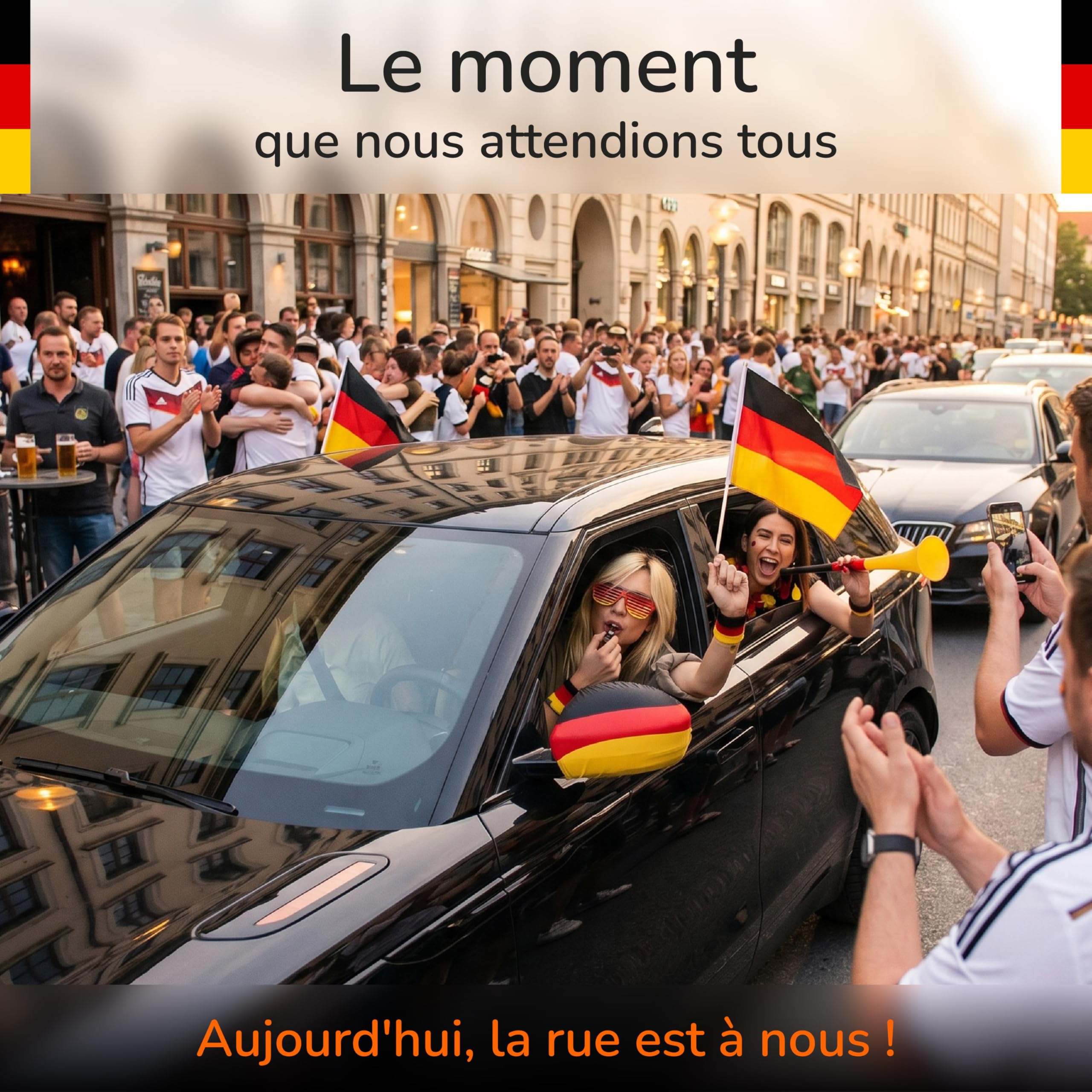Upgrade4cars Drapeau de Voiture Allemagne + Housses Rétroviseurs Coupe du Monde 2026 | Fanion Auto Noir Rouge Or 45x30 cm | Drapeau National Voiture Article Fan Mondial MAX. 60 km/h