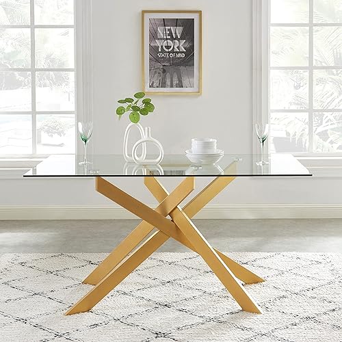 Miniatura 6 de Edwin's Choice 58.5” Rectangle Glass Dining Table, Tempered Glass Table Top and Metal Tubular Legs, Modern Style Table for Home, Kitchen, Dining