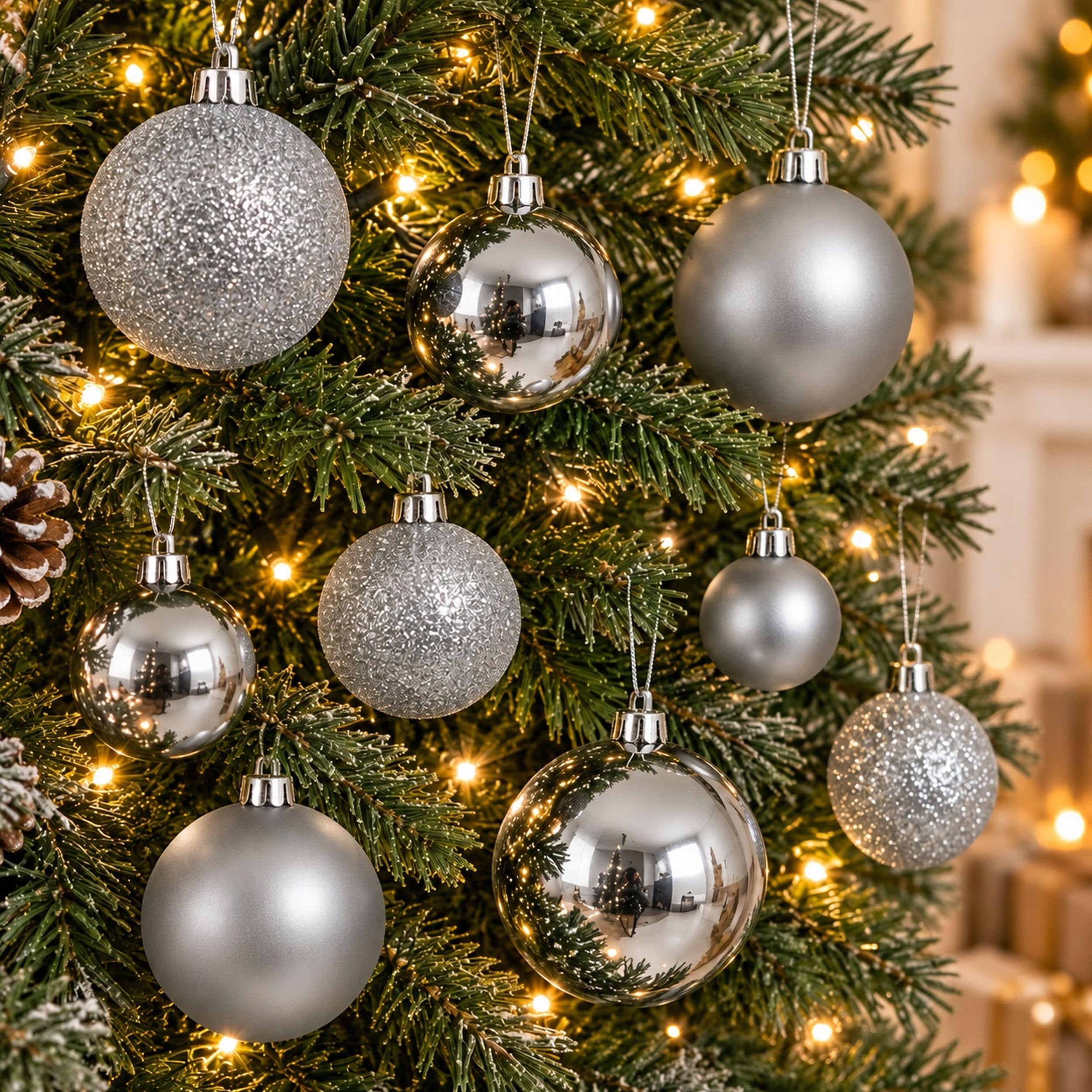30 silver baubles - round bauble decorations - christmas tree hanging ornament - 4cm 40mm 5cm 50mm 6cm 60mm baubles - matt, glitter & gloss finish - tree wreath garland decorations