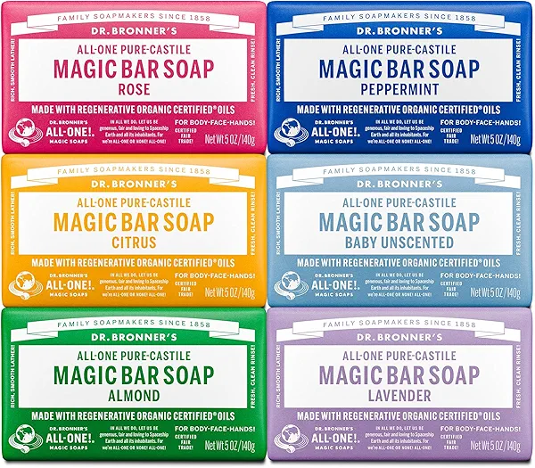 Dr. Bronner's Pure-Castile Magic Bar Soaps (5 Ounce Variety Gift Pack) Almond, Unscented, Lavender, Peppermint, Citrus, Rose - Made with Regenerative Organic Certified Oils, Vegan, Non-GMO