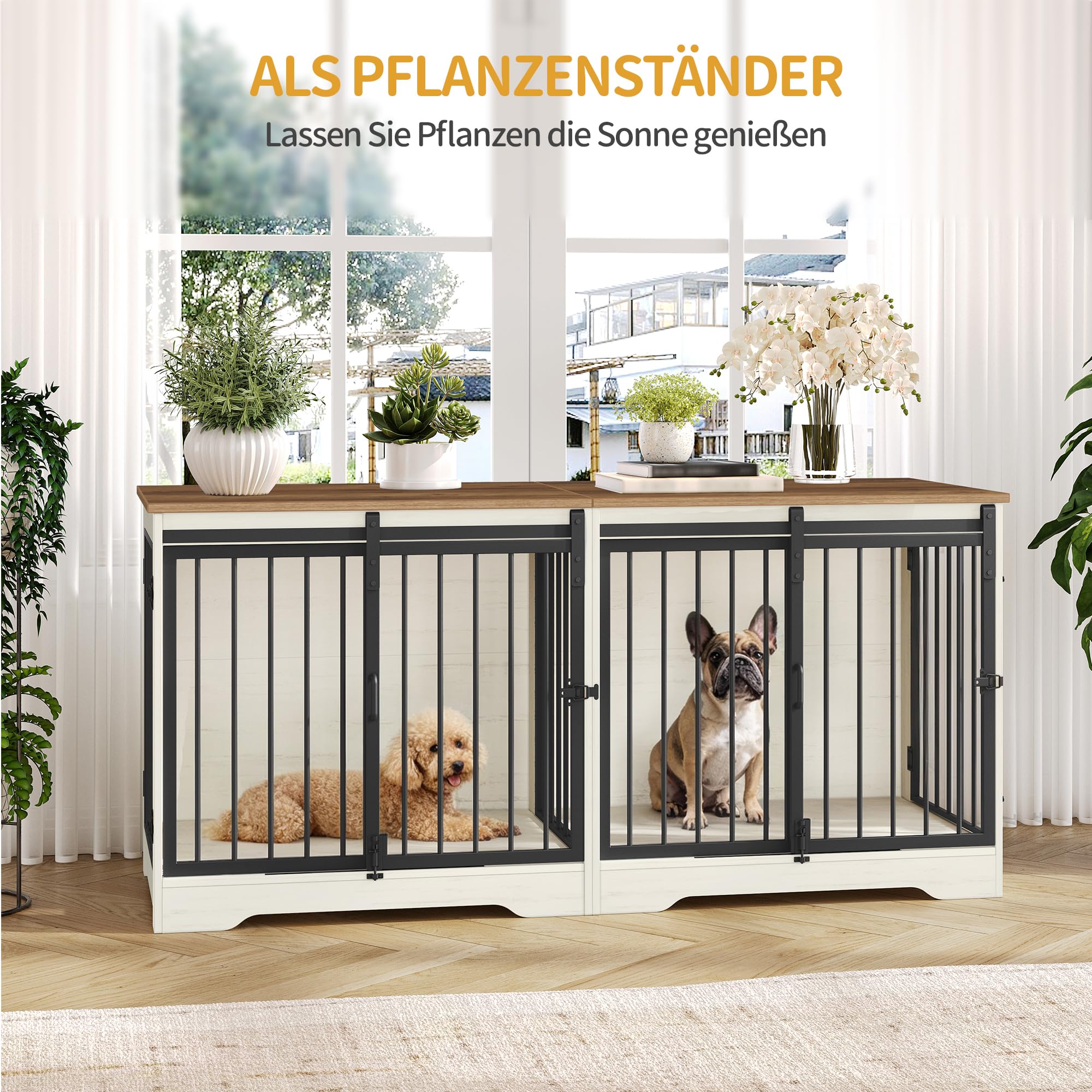 Hzuaneri Hundekäfig Möbel für 2 Hunde, Doppel-Hundekäfig mit Trennwand, Robuste Hundebox aus Holz, Hundekäfige mit Scheunentür, TV-Ständer-Design für Kleine bis Mittelgroße Hunde, Weiß Braun DFC88314B